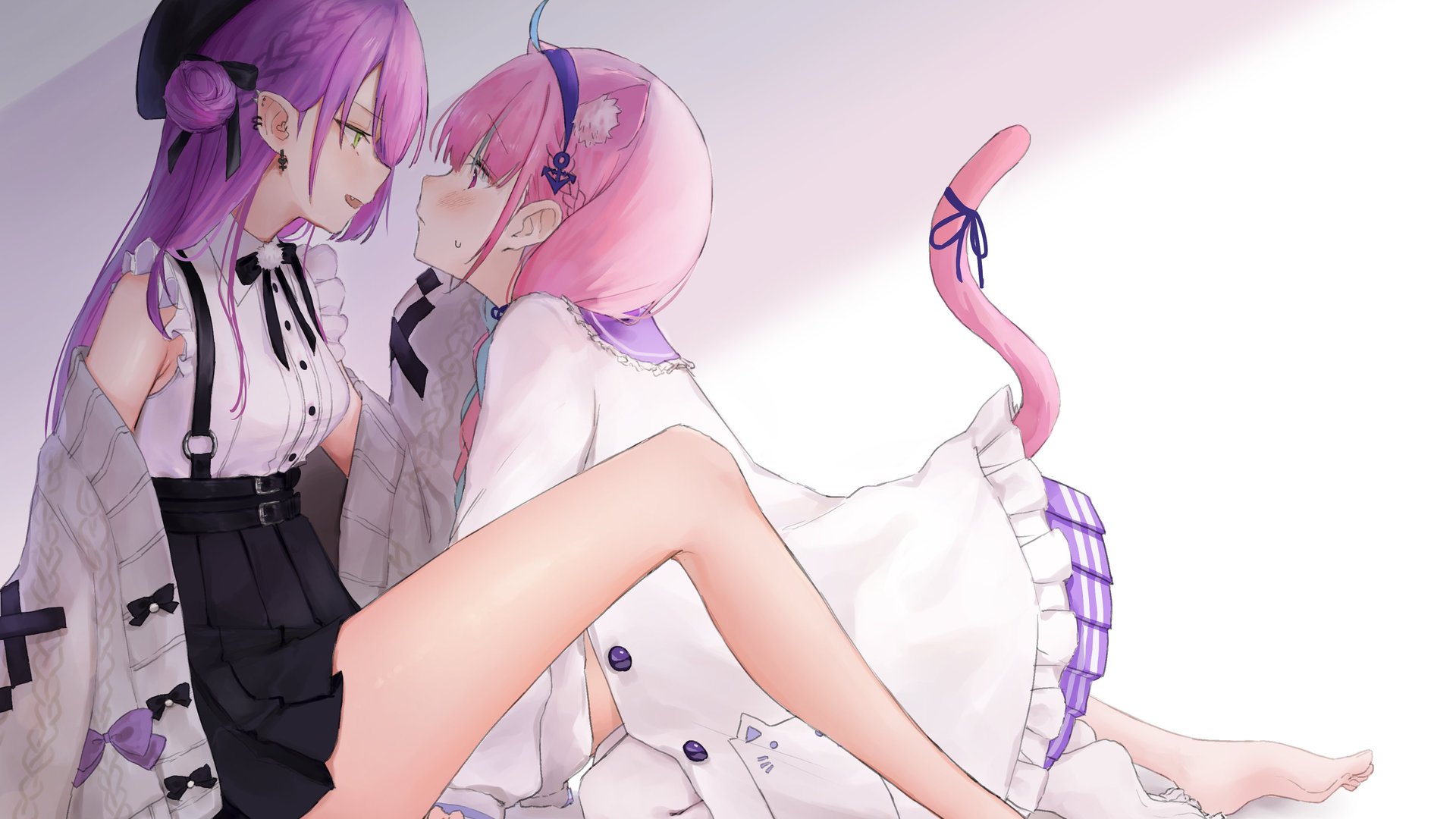 赤脚 女孩 绿眼睛 紫色头发 猫女孩 长发 动漫 动漫女孩 兽耳 尾巴 腮红 猫耳 电脑 4K高清壁纸 3861×2894