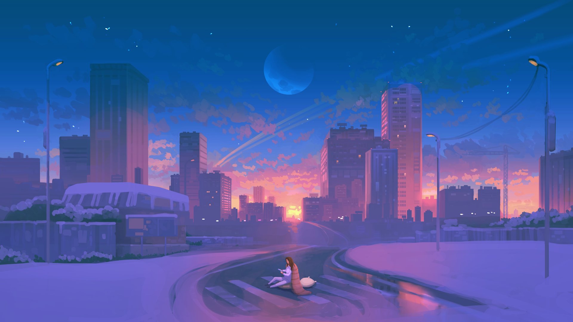 热门城市 日落 月亮 星星 艺术 绘画 雪 冬天 电脑 高清壁纸 4096×2303