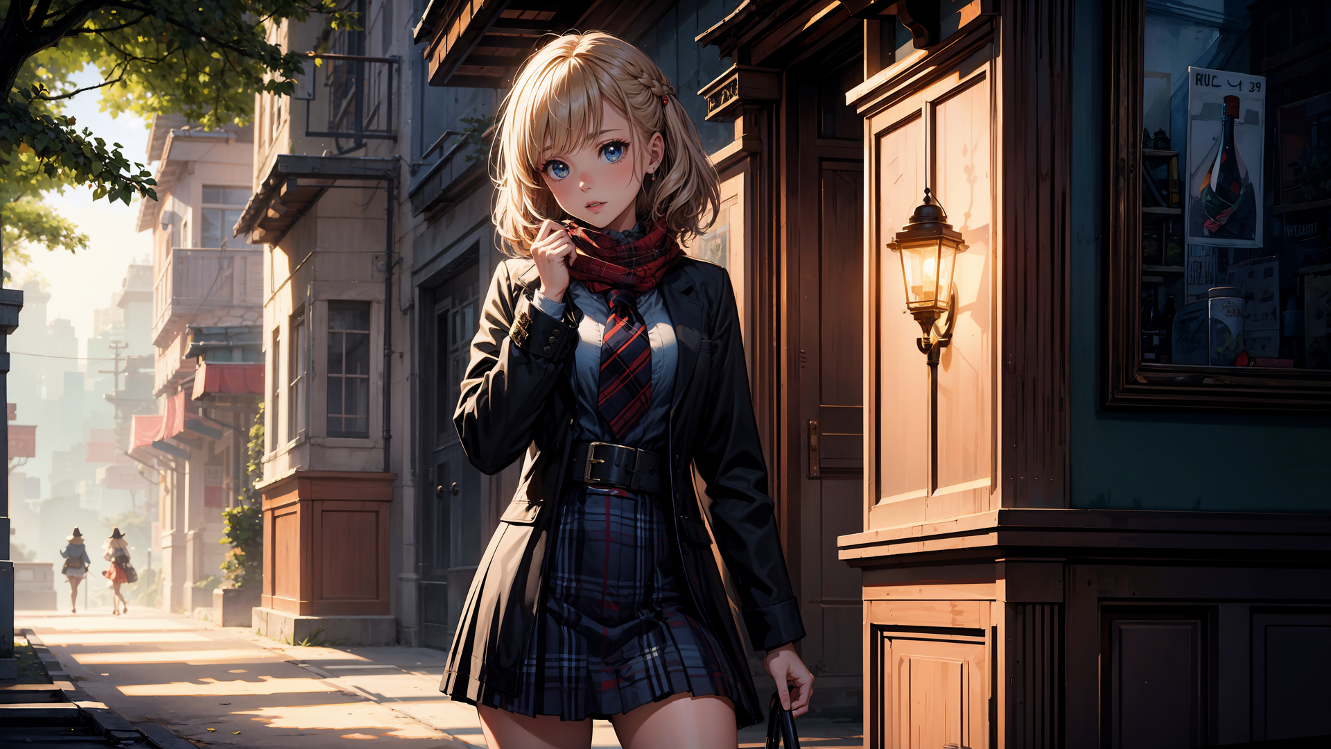 蓝眼睛 短发 金发 辫子 大腿 站立 女学生 艺术 动漫女孩 校服 围巾 电脑 壁纸 3840×2160