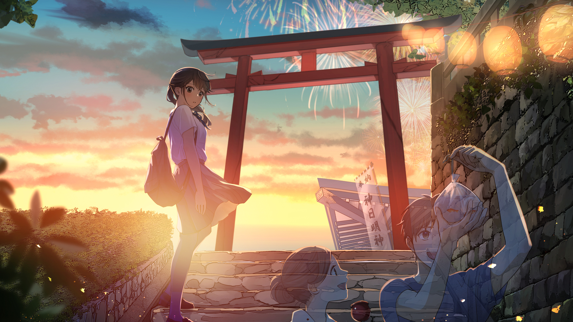 女学生 动漫 动漫女孩 校服 日落 夕阳 晚霞 动漫男孩 烟花 电脑 4K壁纸 4093×2894