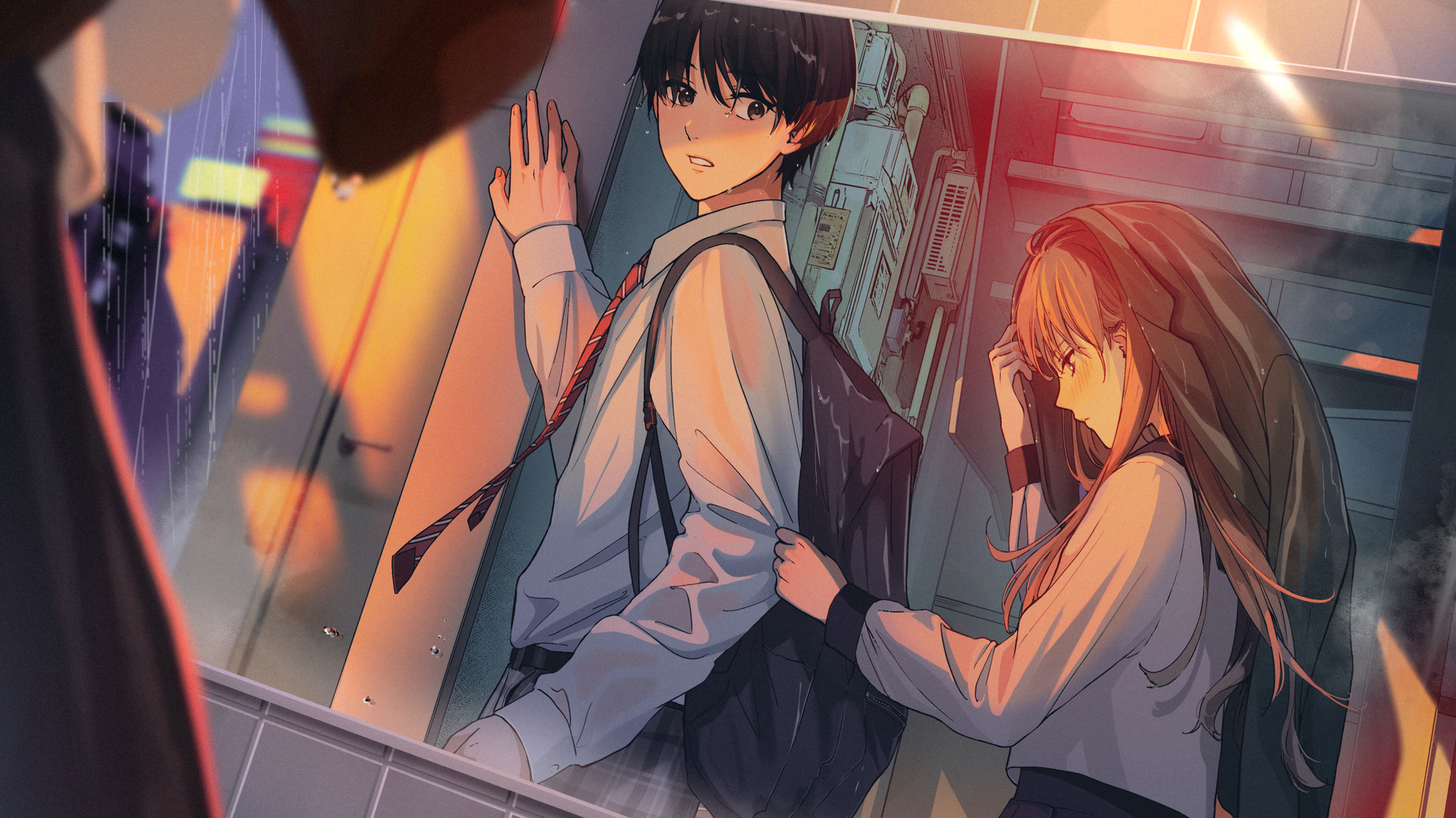 绝美黑发 女学生 男生 长发 头发 动漫女孩 雨 衣服 领带 动漫男孩 背包 校服 日落 晚霞 脸红 电脑 壁纸 4093×2302