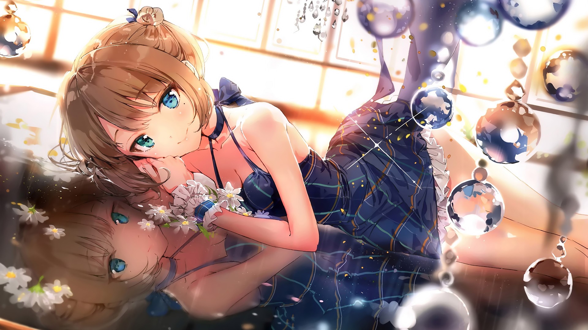 黑发 动漫 反射 鲜花 动漫女孩 连衣裙 蓝色 异瞳 电脑 壁纸 3840×2160