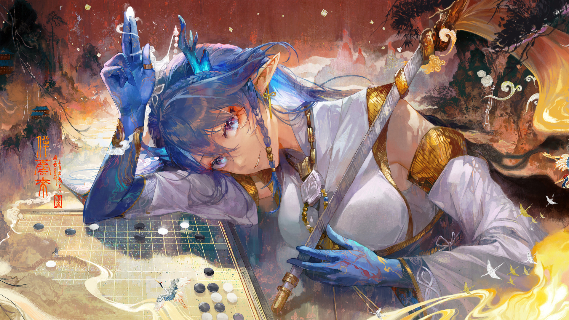 热门蓝头发 蓝眼睛 辫子 动漫女孩 武士 铃儿 兽耳 龙女 明日方舟 电脑 高清壁纸 5414×2227