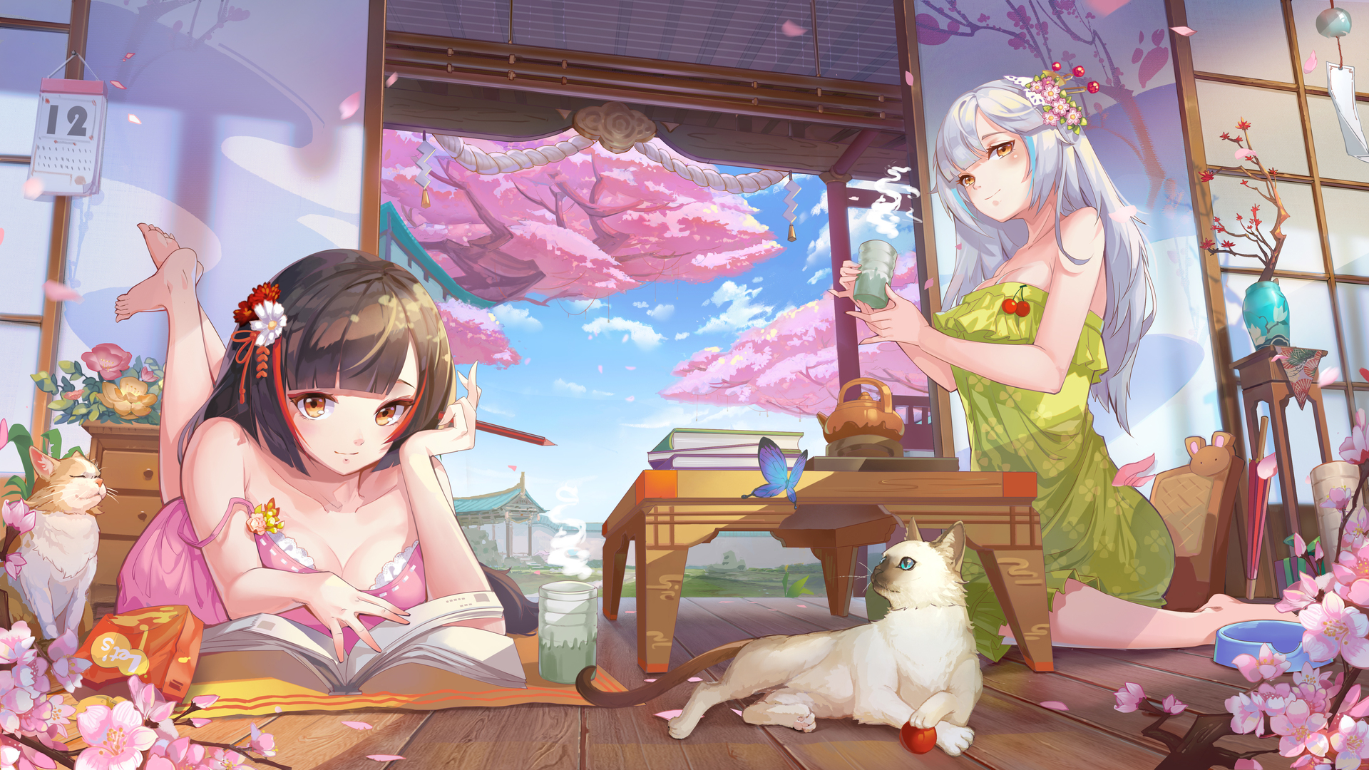 动漫 动漫女孩 樱桃树 樱花 短发 可爱 萝莉 电脑 壁纸 5464×3072