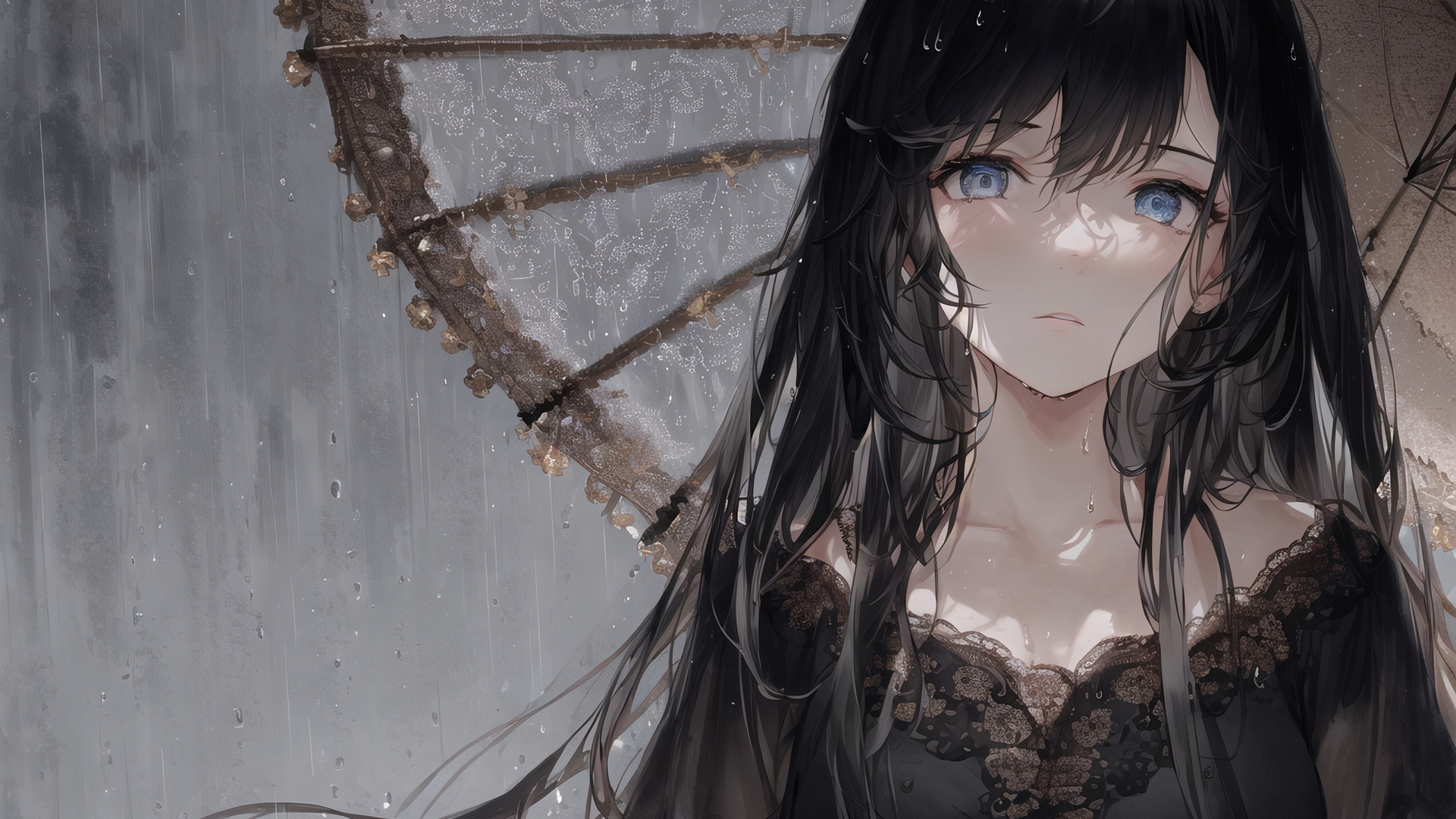 蓝眼睛 长发 黑发 雨 伞 动漫女孩 衣服 艺术 电脑 壁纸 5120×3840