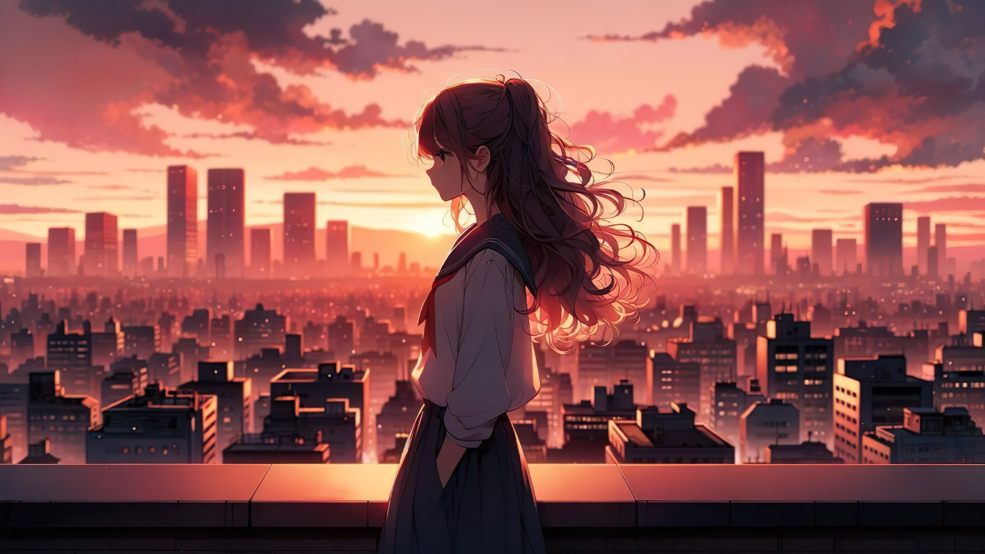 高清女学生 长发 红发 动漫女孩 校服 城市景观 日落 夕阳辉光 天空 风景 电脑 高清壁纸 4800×2740