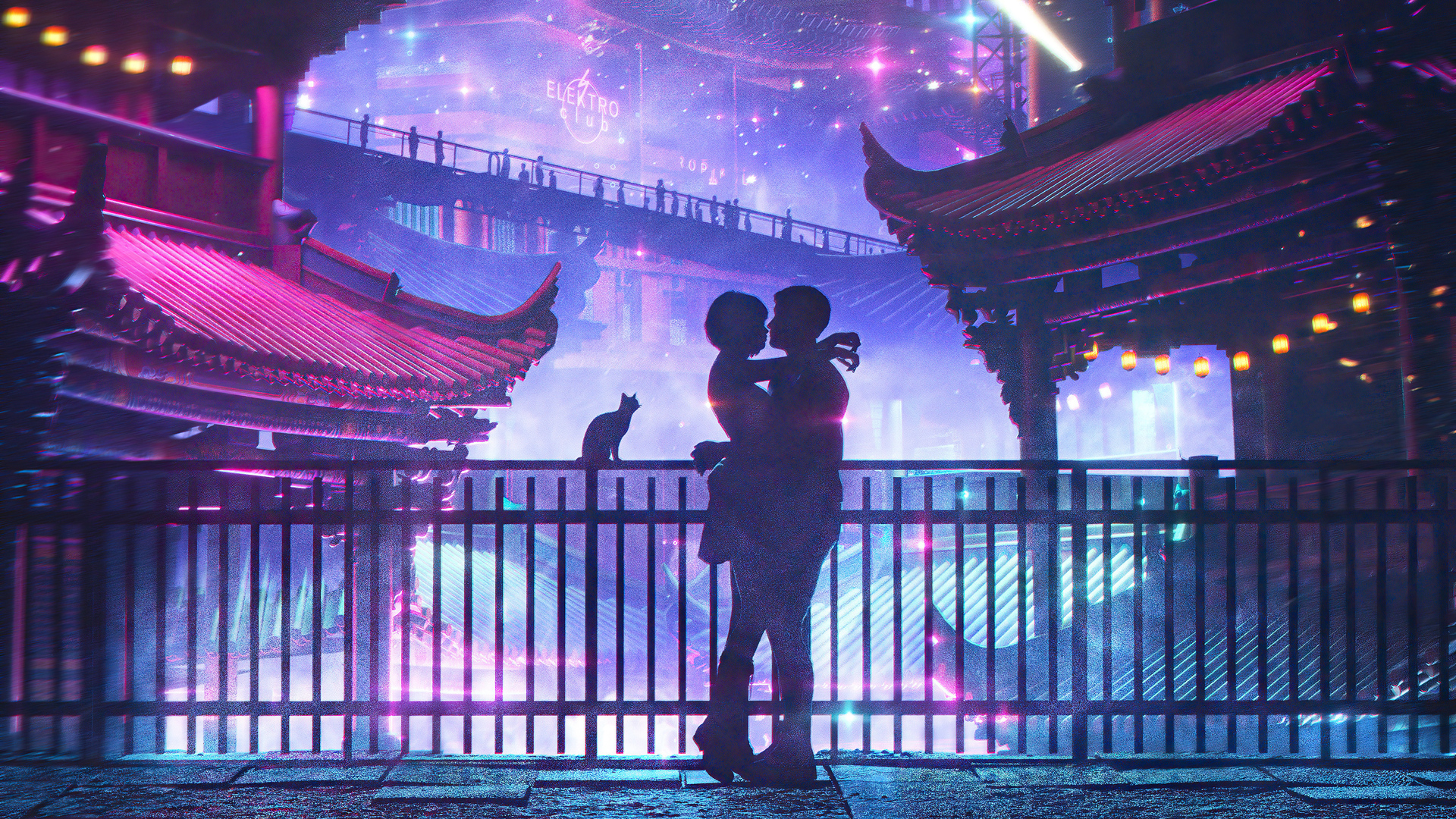 拥抱 爱 中国 夜 夜景 紫色 房子 AI艺术 霓虹灯 情侣 电脑 壁纸 3840×2160