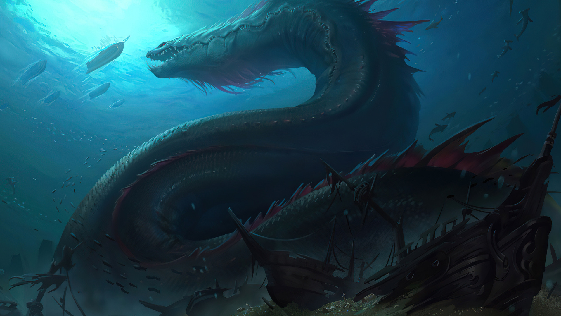 AI艺术 沉船 海洋 蛇 船 生物 深海 概念 电脑 手机壁纸 3840×2160
