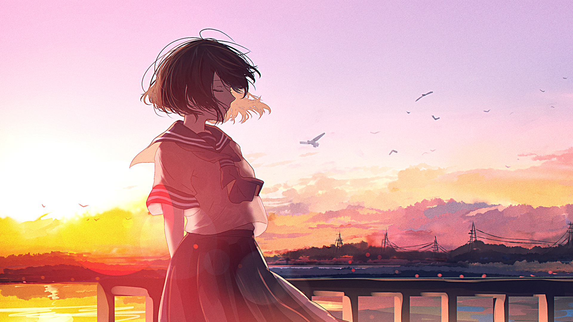 短发 米芙鲁 动漫 动漫女孩 日落 校服 电脑 手机壁纸 3840×2160