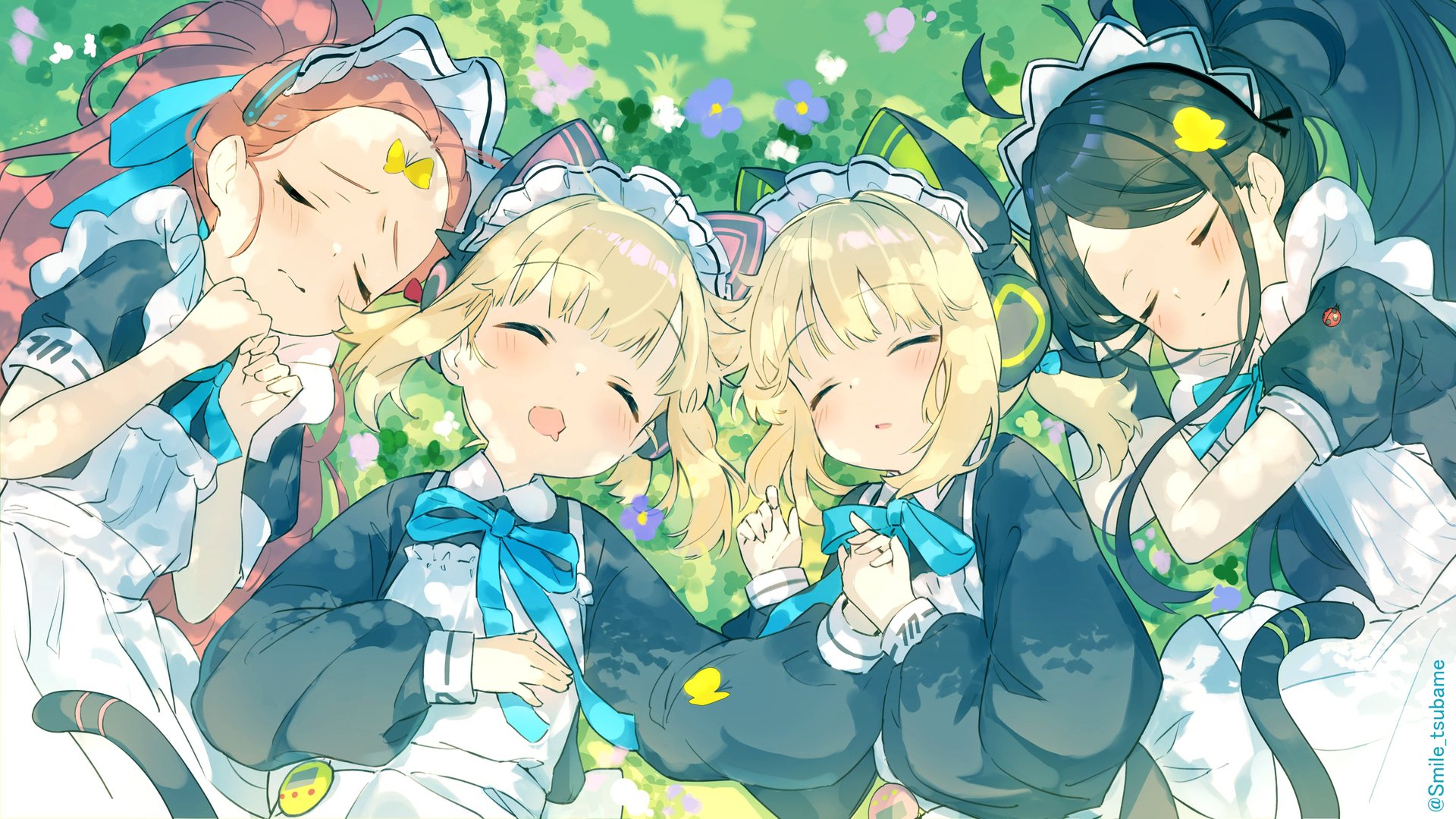 猫女孩 仰卧 微笑 长发 动漫女孩 女佣 睡眠 蔚蓝档案 女佣服装 猫尾 猫耳 草 花 领结 电脑 高清壁纸 4096×2304