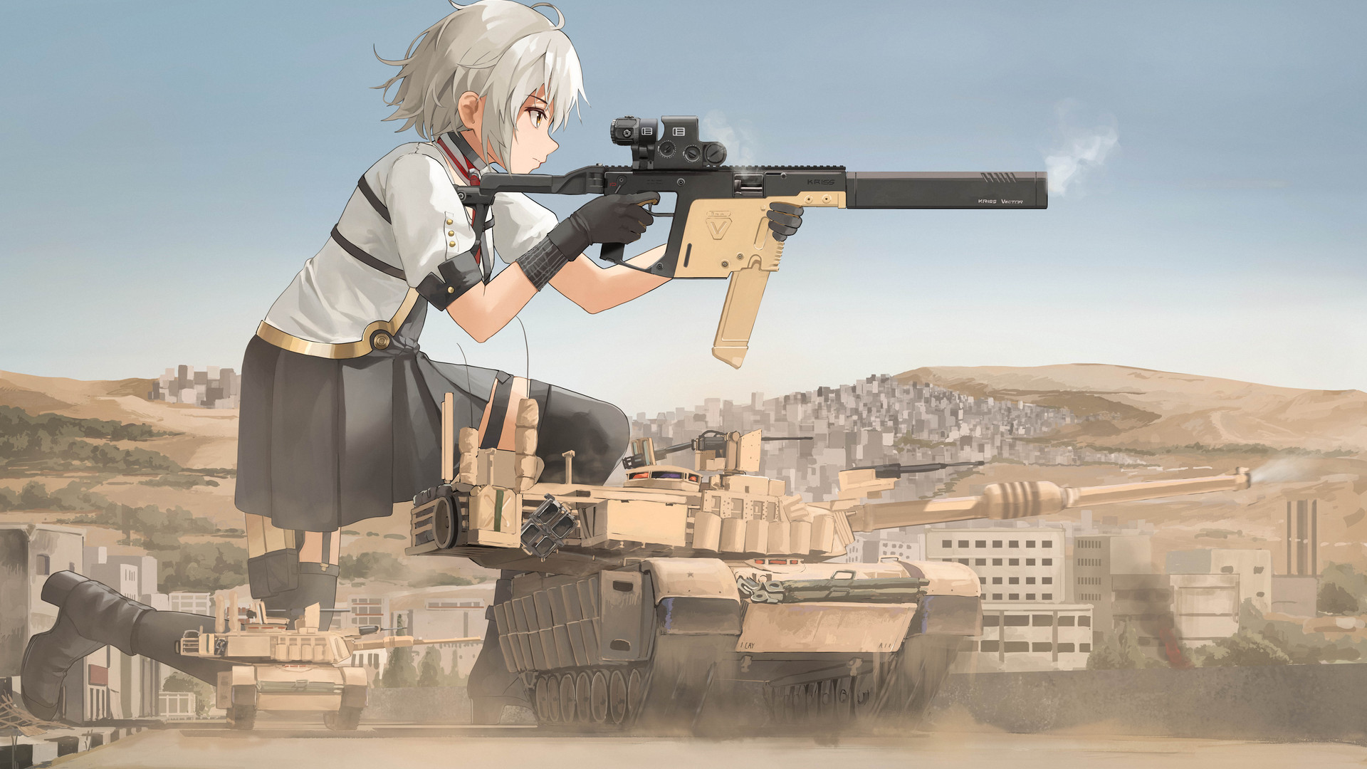 绝美短发 持枪女孩 动漫女孩 坦克 武器 少女前线 制服 天空 城市 建筑 军用车辆 手套 枪 电脑 无水印壁纸 7428×4382