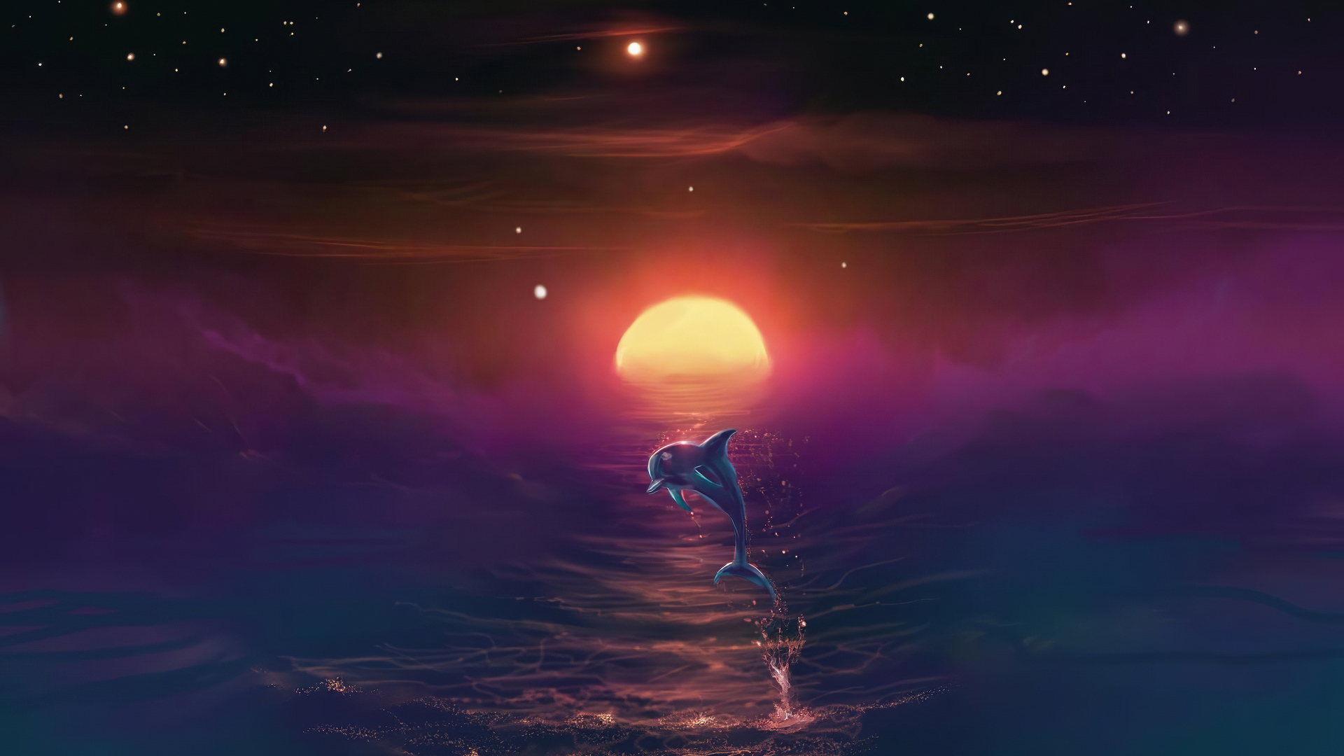 热门奇幻艺术 海豚 海洋 月亮 星星 夜晚 动物 五颜六色 AI艺术 电脑 高清壁纸 3840×2561