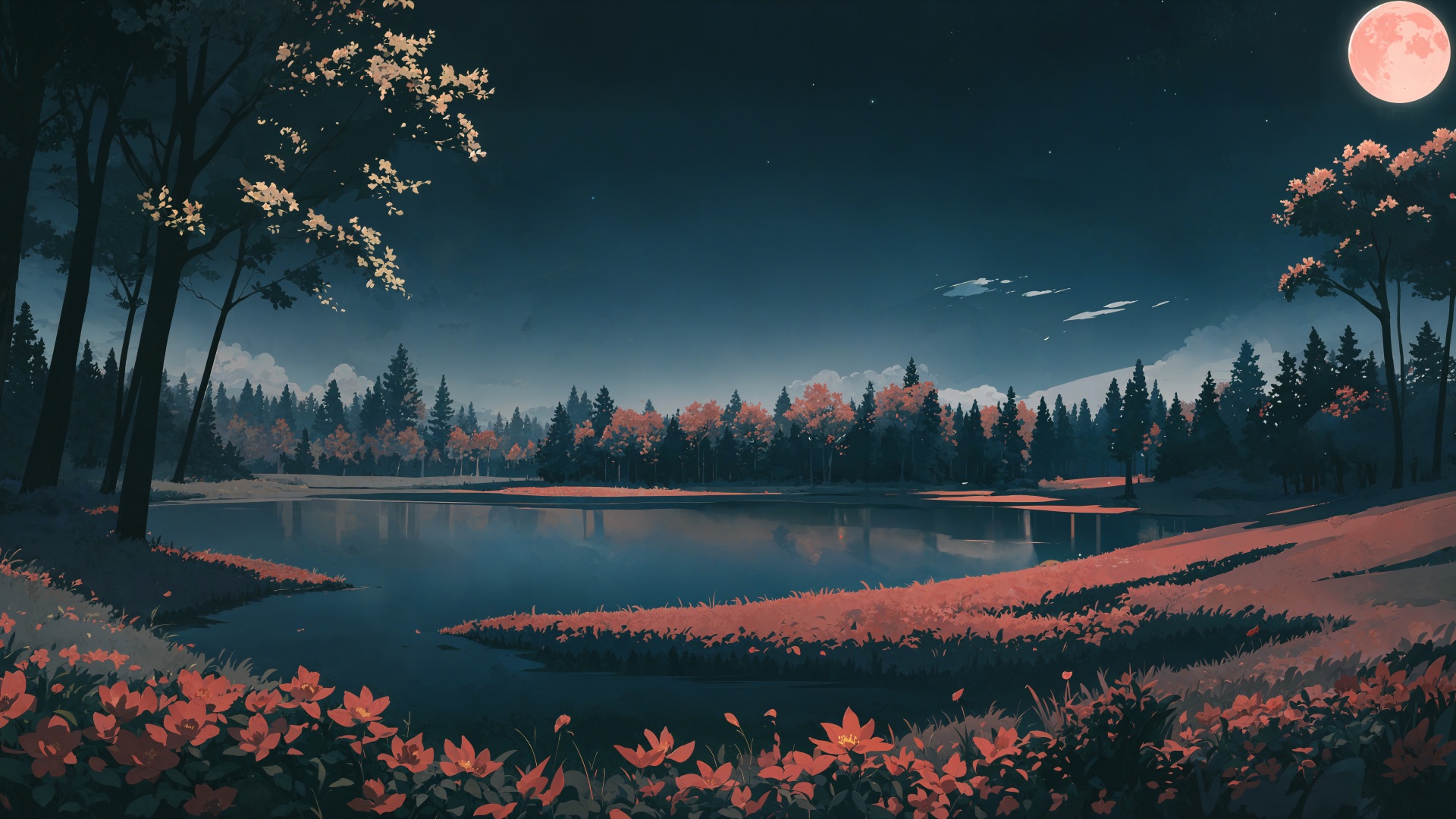 AI艺术 树木 自然 湖泊 云 艺术 水 月亮 天空 星星 花 草 电脑 壁纸 12288×6144