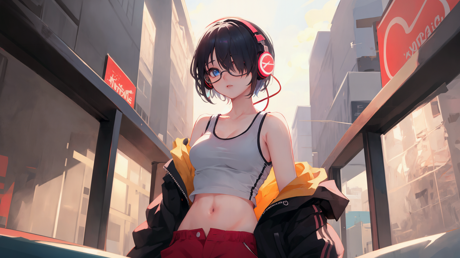 热门动漫 动漫女孩 艺术 眼镜 耳机 短发 运动 马甲线 电脑 高清壁纸 3840×2160