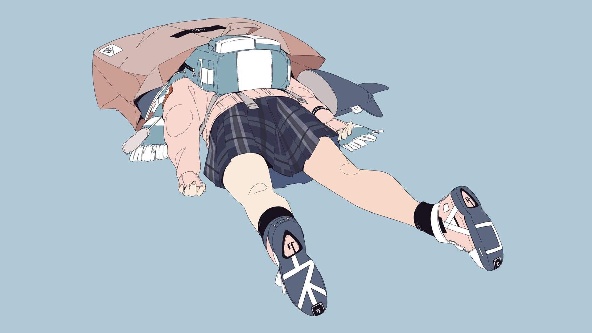 女孩 校服 制服 JK 动漫女孩 蓝色 简单 极简主义 背包 电脑 壁纸 3840×2160