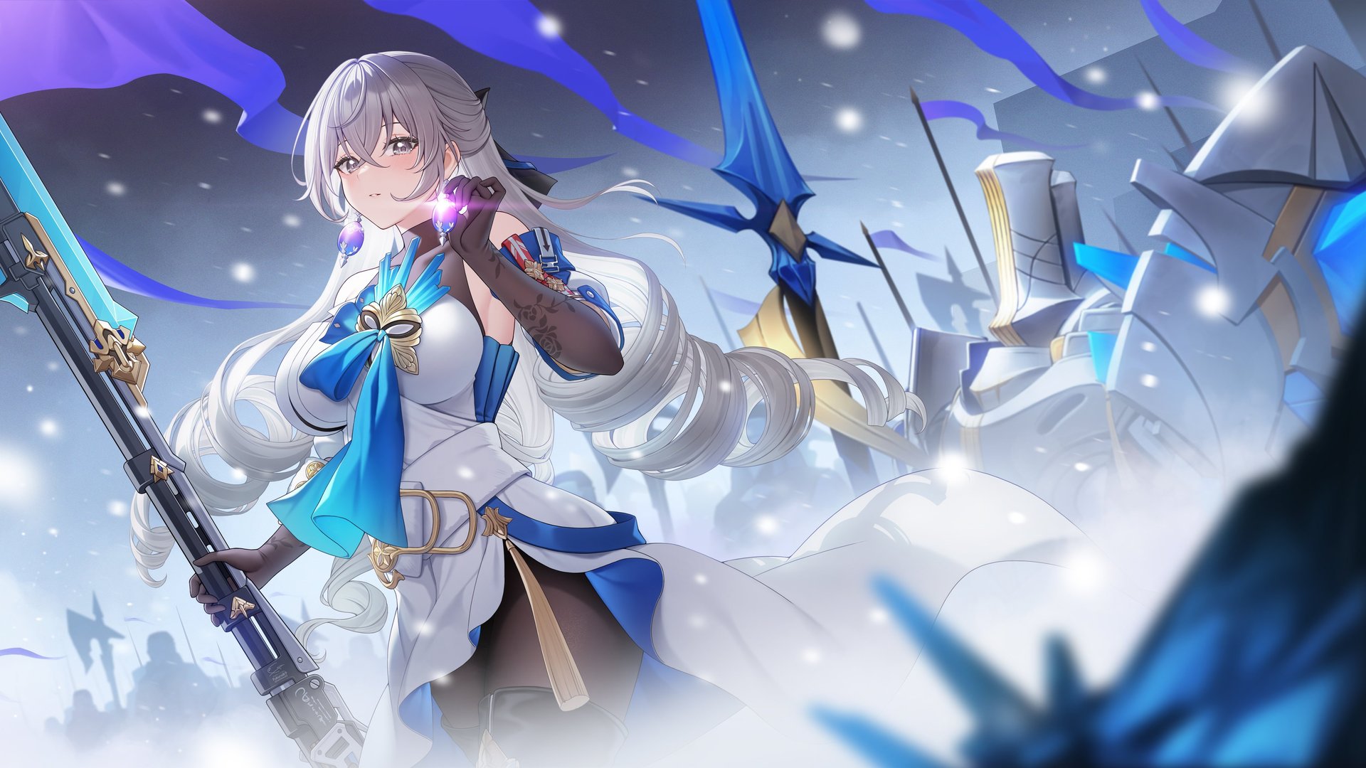 长发 士兵 动漫 动漫女孩 星际铁路 耳环 雪 腮红 旗帜 电脑 高清壁纸 4096×2304