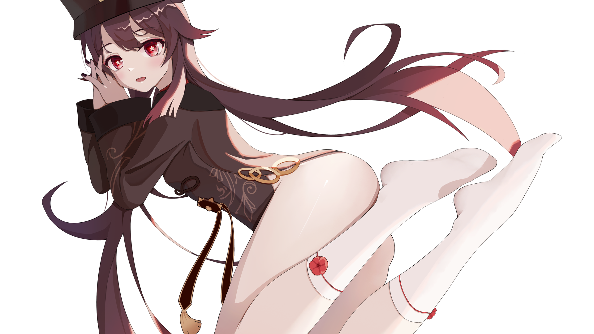 胡桃 原神 红眼睛 动漫少女 白色背景 帽子 大腿 袜子 电脑 壁纸 4961×4208
