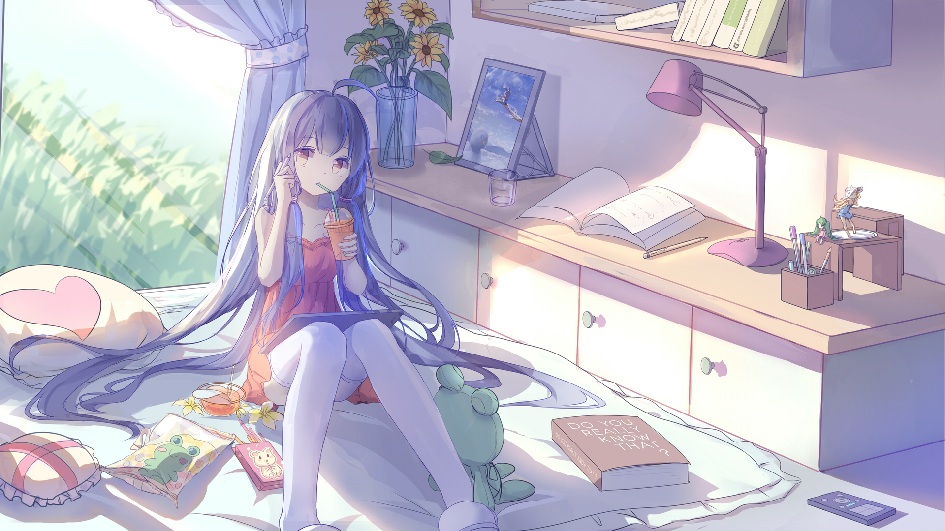 大腿 长发 动漫 动漫女孩 房间 室内 星尘 电脑 壁纸 3840×2160