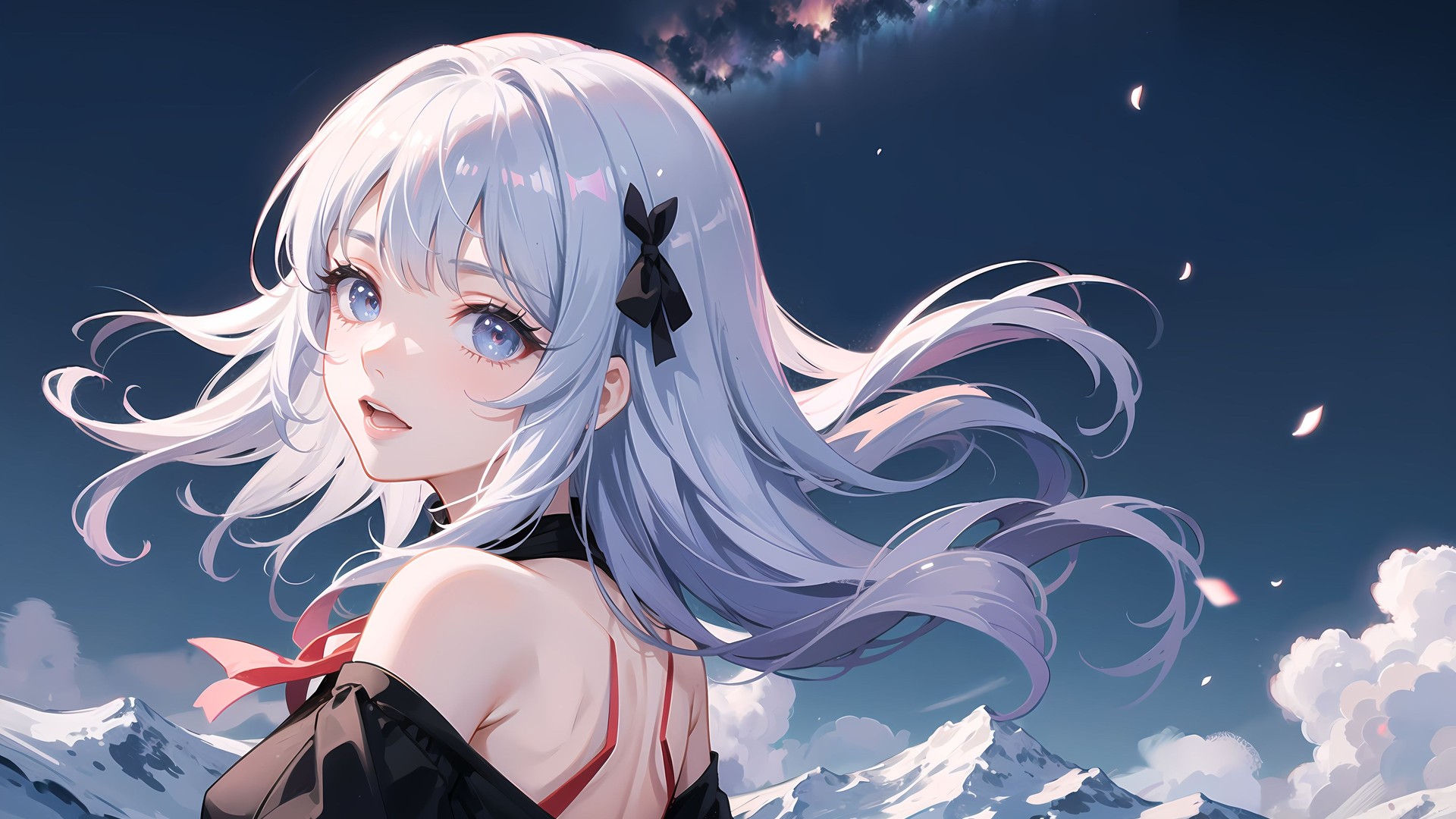 绝美艺术 银发 动漫女孩 云 雪 山 花瓣 电脑 壁纸 4000×2509
