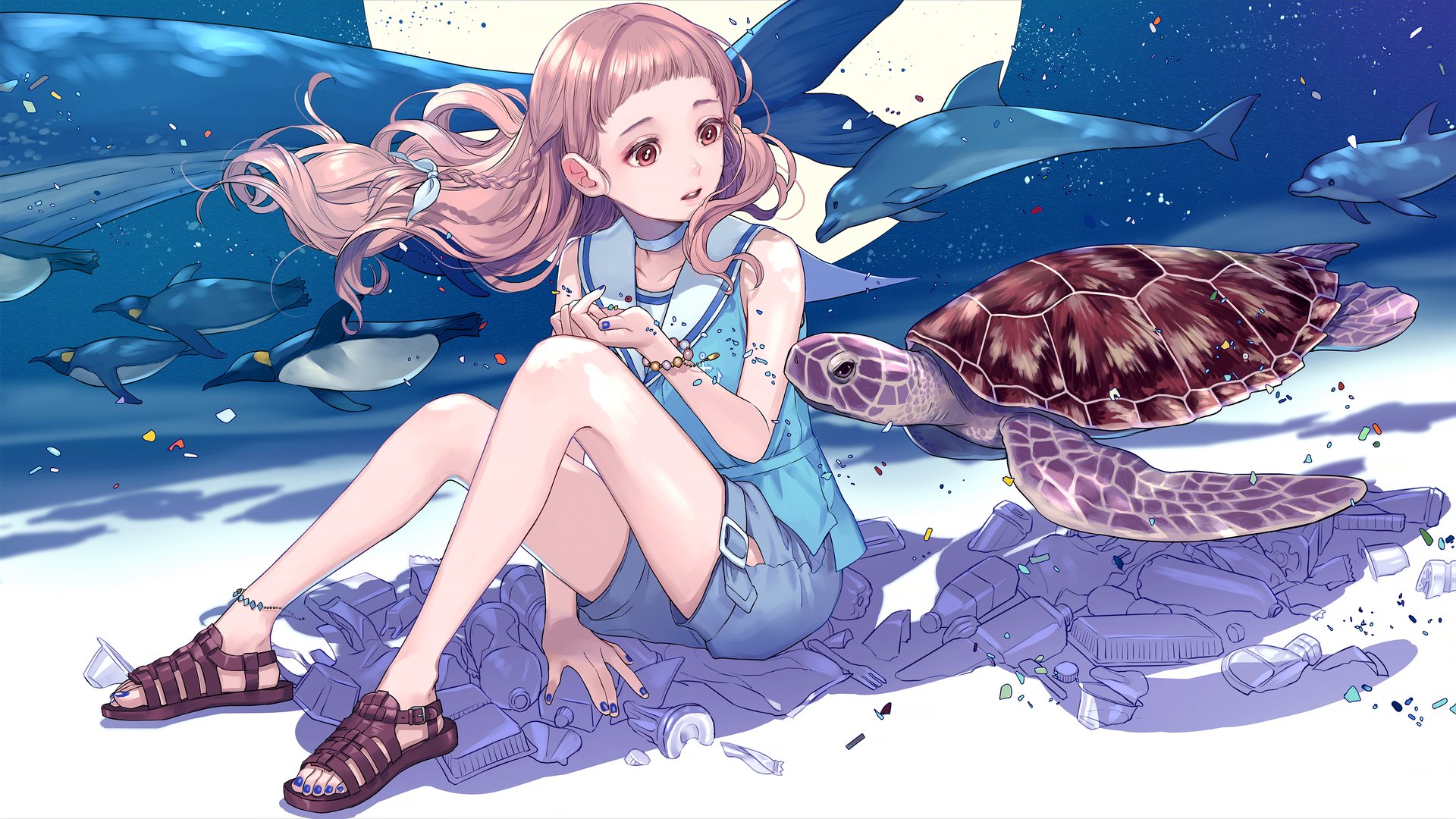 粉色头发 动漫 动漫女孩 棕色眼睛 蓝色 指甲 企鹅 海豚 海龟 海洋 水下 电脑 4K高清壁纸 5120×2880