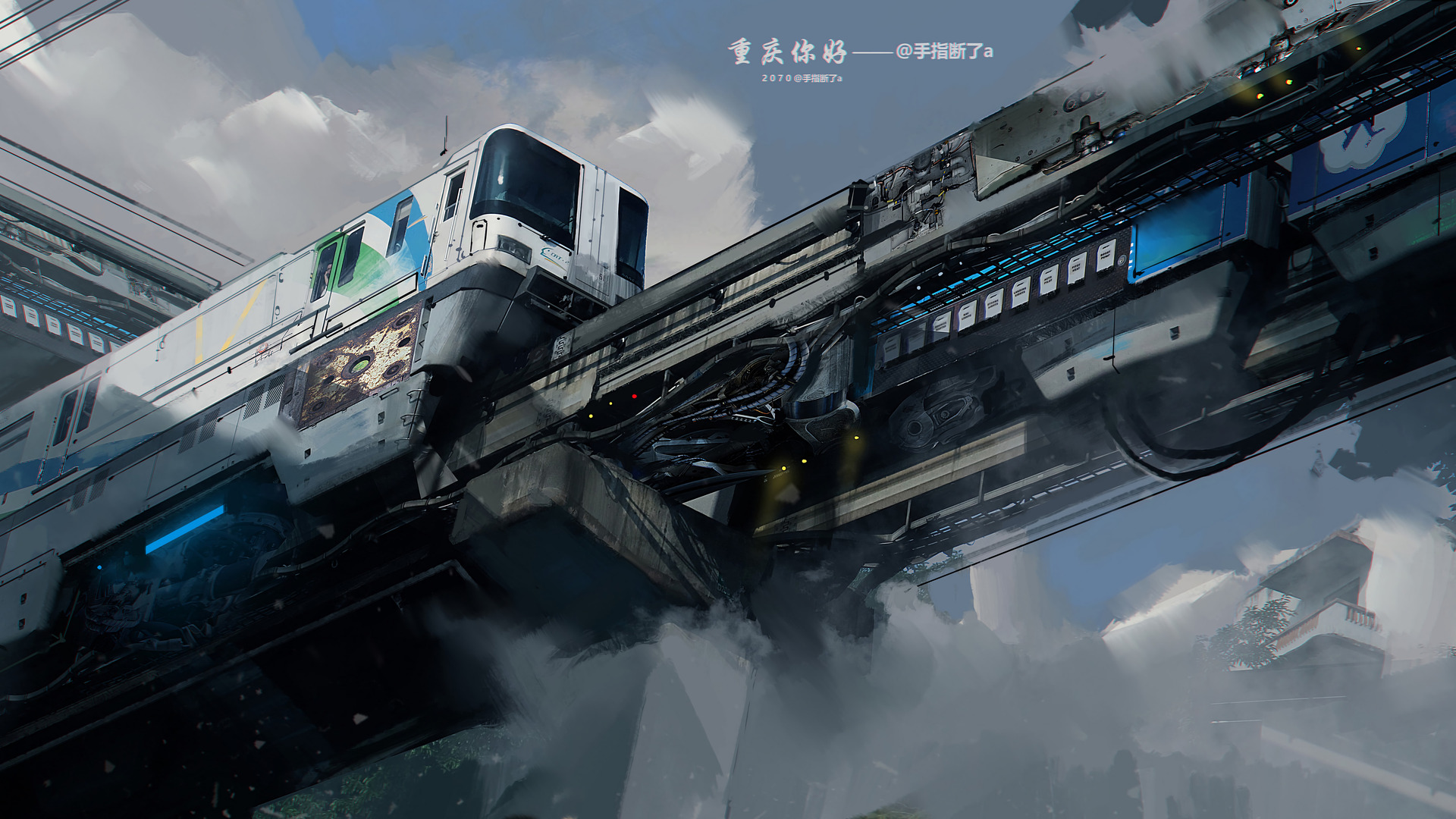 热门赛博朋克 未来 AI艺术 重庆 火车 地铁 电脑 桌面壁纸 7680×3114