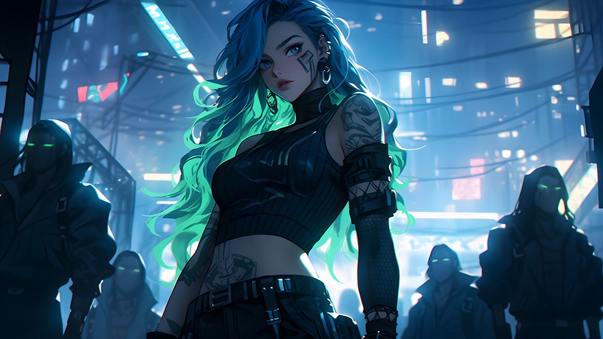 唯美长发 赛博朋克 科幻 黑色 服装 蓝色 绿色 夜晚 艺术 动漫 动漫女孩 AI艺术 电脑 无水印壁纸 5824×3264