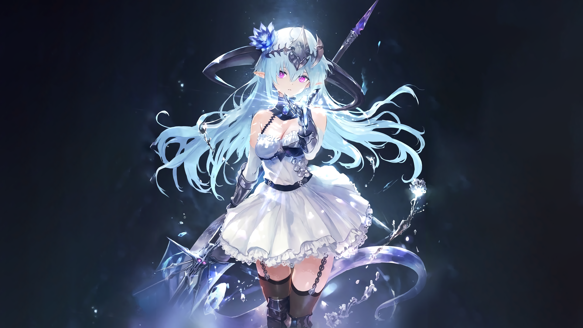 蓝色头发 红色眼睛 长发 动漫 动漫女孩 兽耳 武器 长筒袜 电脑 壁纸 5724×3220