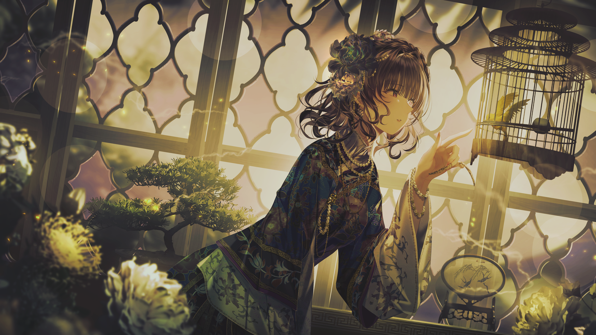 短发 动漫 动漫女孩 连衣裙 鲜花 窗户 阳光 笼子 鸟 电脑 壁纸 6528×3124