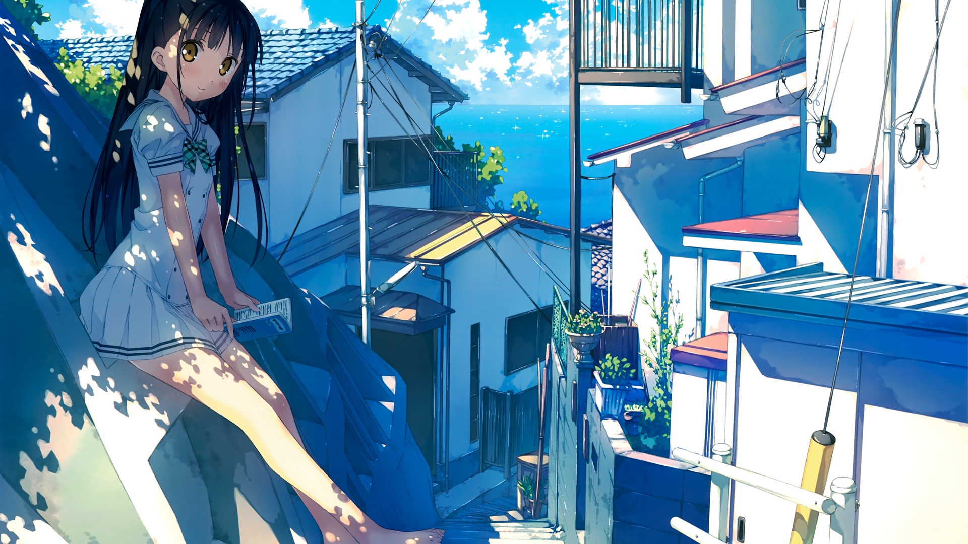 长发 深色头发 赤脚 动漫女孩 黄眼睛 校服 电脑 壁纸 7038×4935