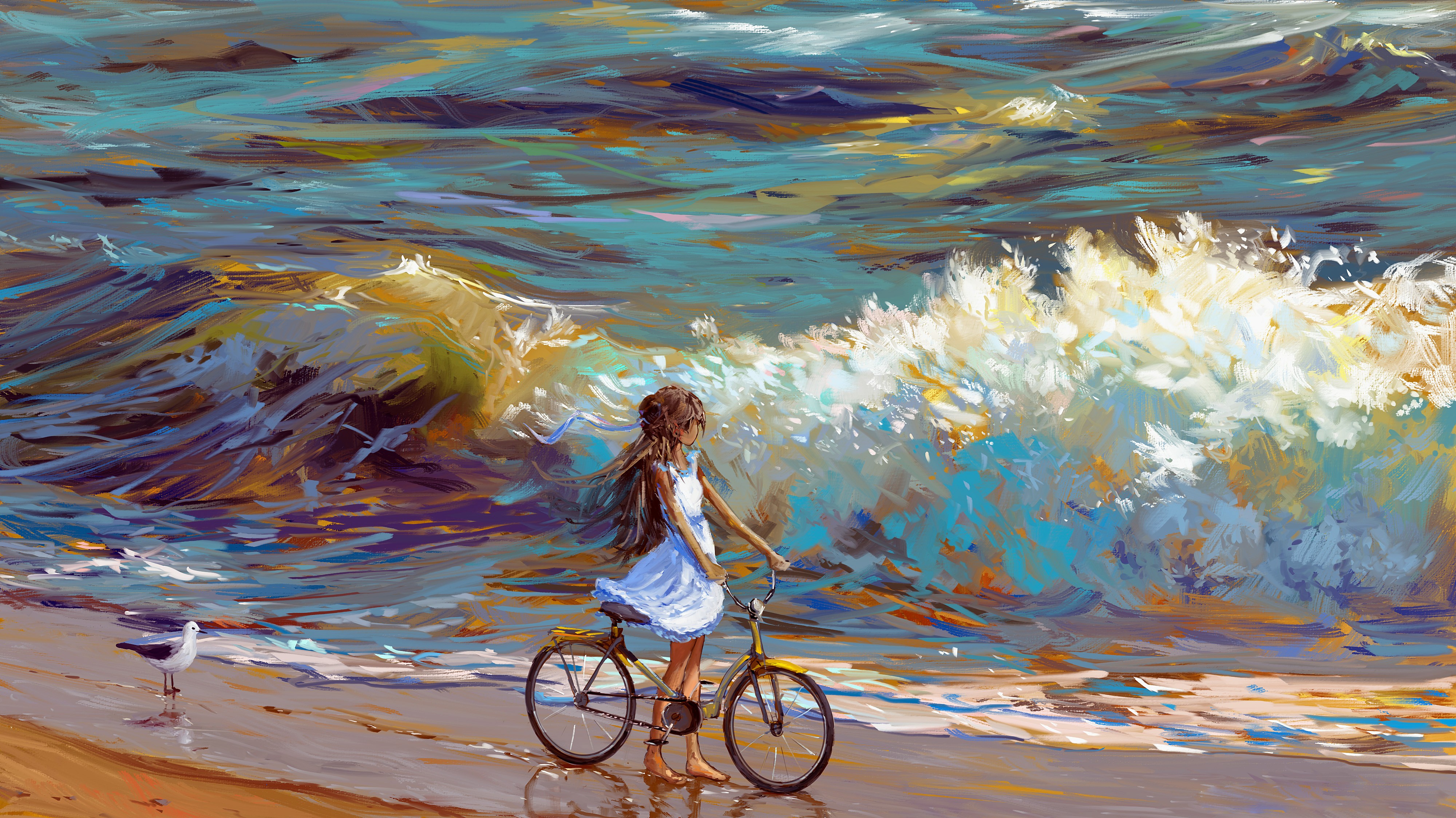 高清图片 插图 海洋 自行车 海浪 壁纸 4000×2248
