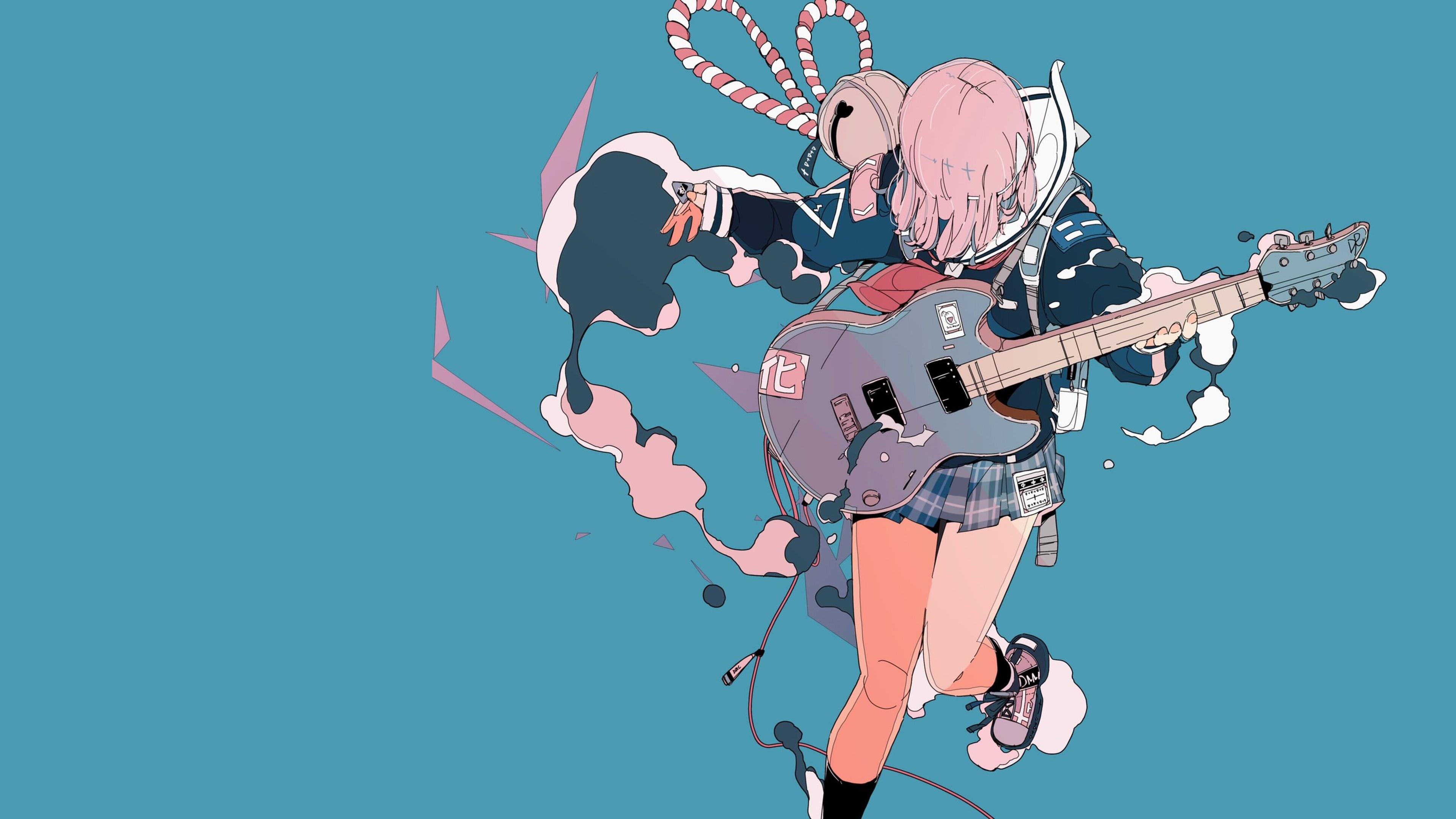 原创 人物 动漫 女孩 极简主义 吉他 乐器 铃声 简单背景 蓝色背景 4K高清壁纸 3840×2160