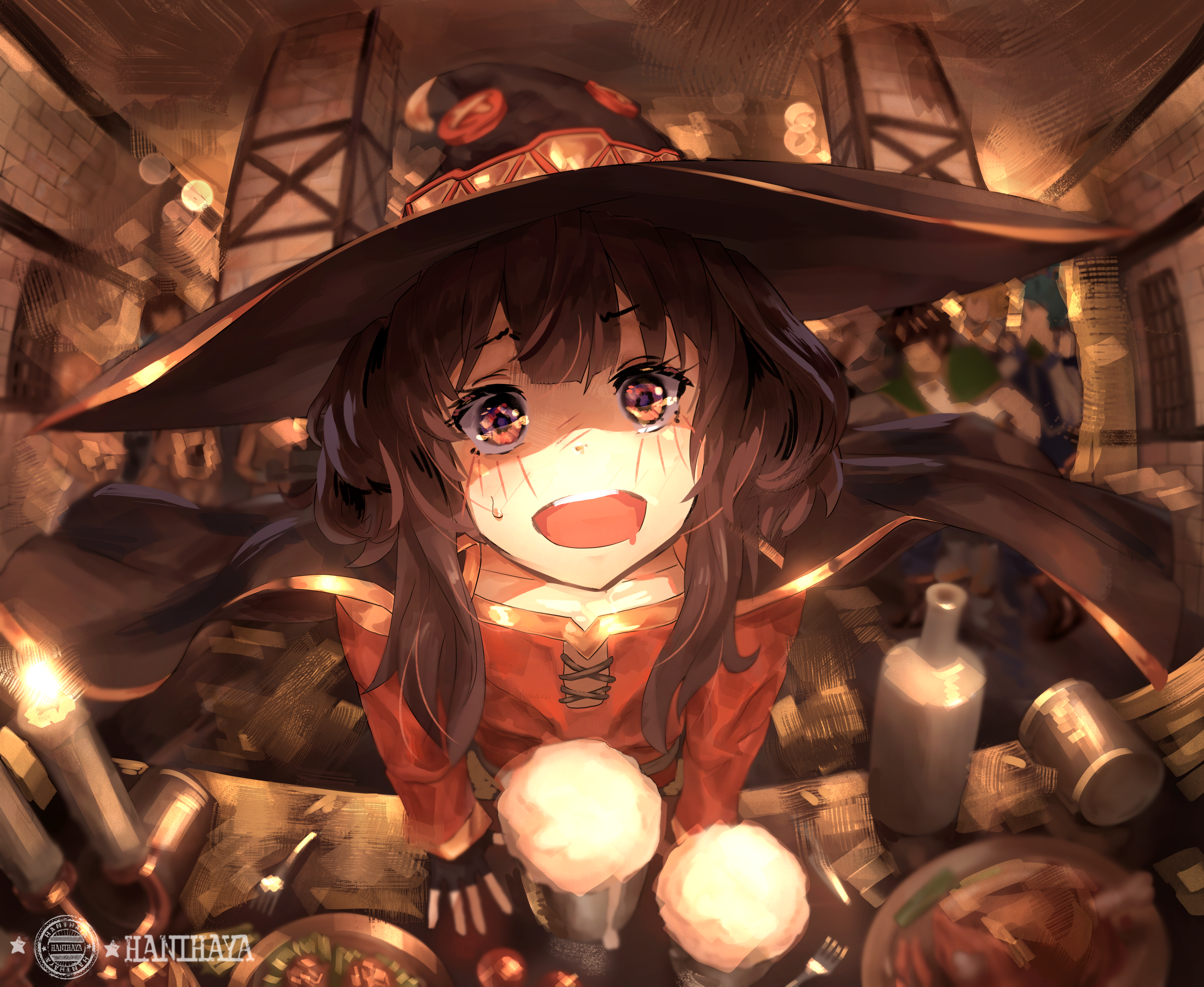 深色头发 动漫 女孩 AI艺术 肖像 帽子 女巫帽子 食物 啤酒 壁纸 4747×3892