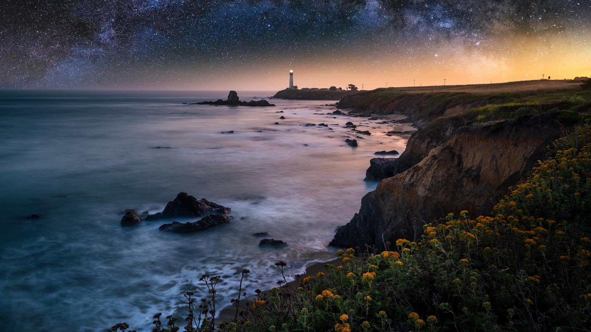唯美风景 夜景 摄影 灯塔 梦境 自然 大海 悬崖 日落 电脑 壁纸 4000×2992