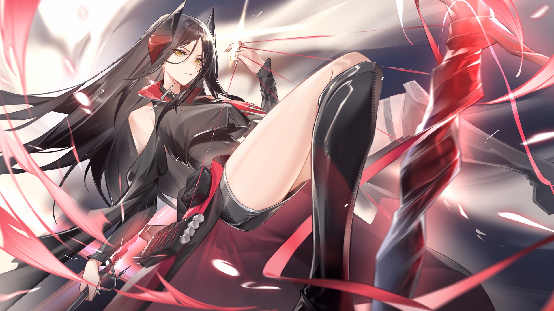 绚丽长发 大腿 眼角 动漫 动漫女孩 长角 武器 武士 电脑 桌面壁纸 4096×2160