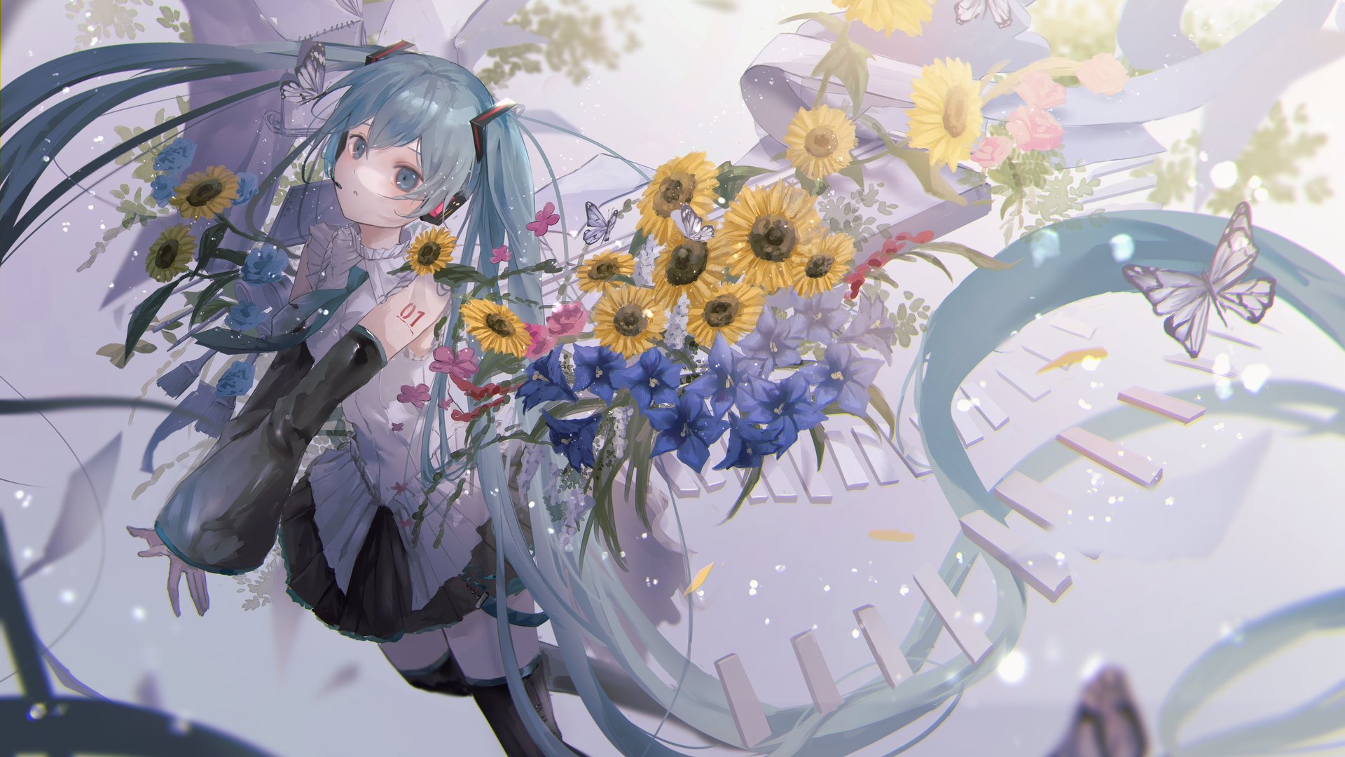 长发 蓝头发 蓝眼睛 初音 花 蝴蝶 向日葵 双尾 小提琴 动漫女孩 电脑 壁纸 4096×2892