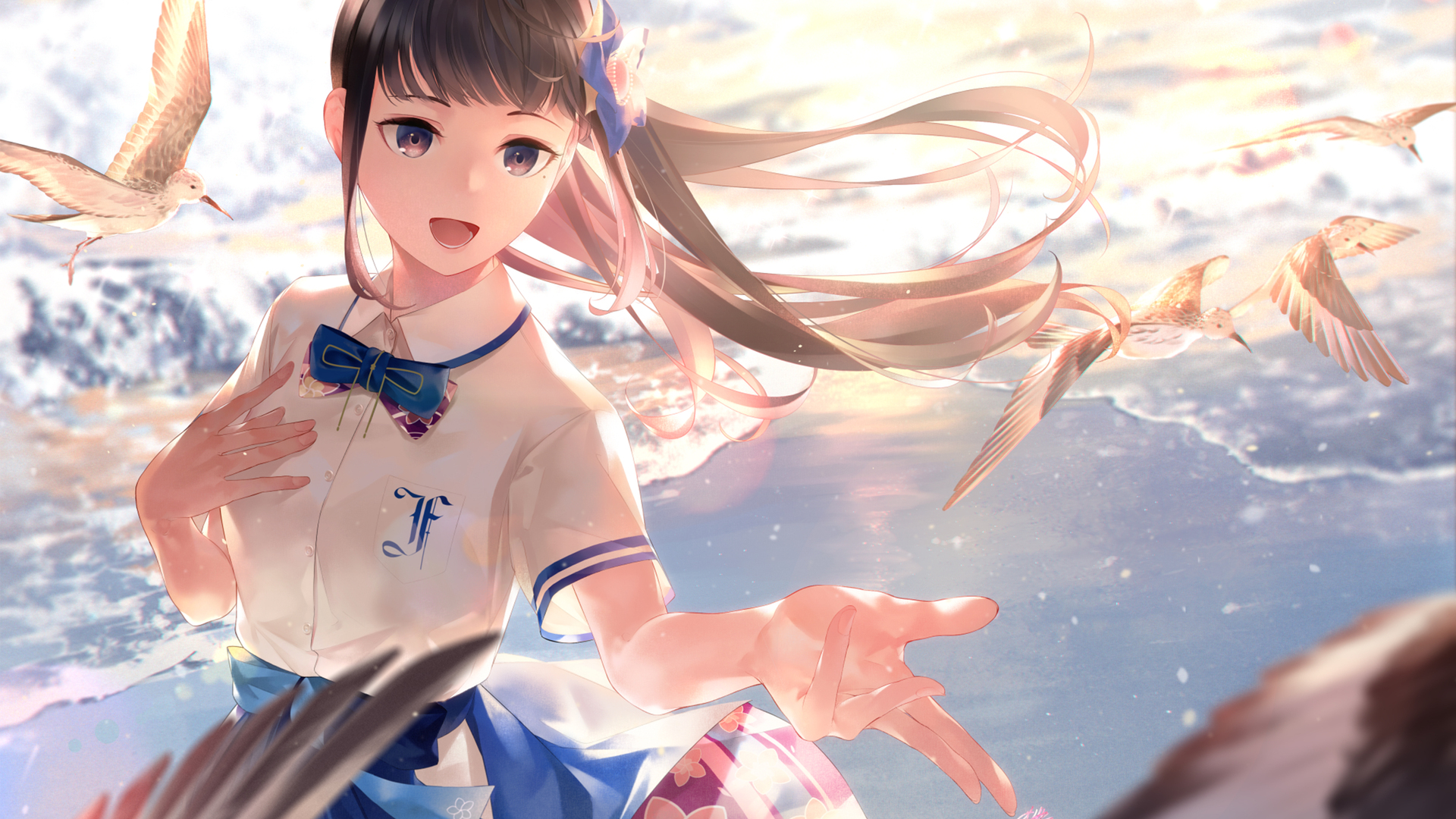 高清泽泽 动漫 动漫女孩 海滩 校服 鸟 唱歌 虚拟 电脑 桌面壁纸 3840×2160