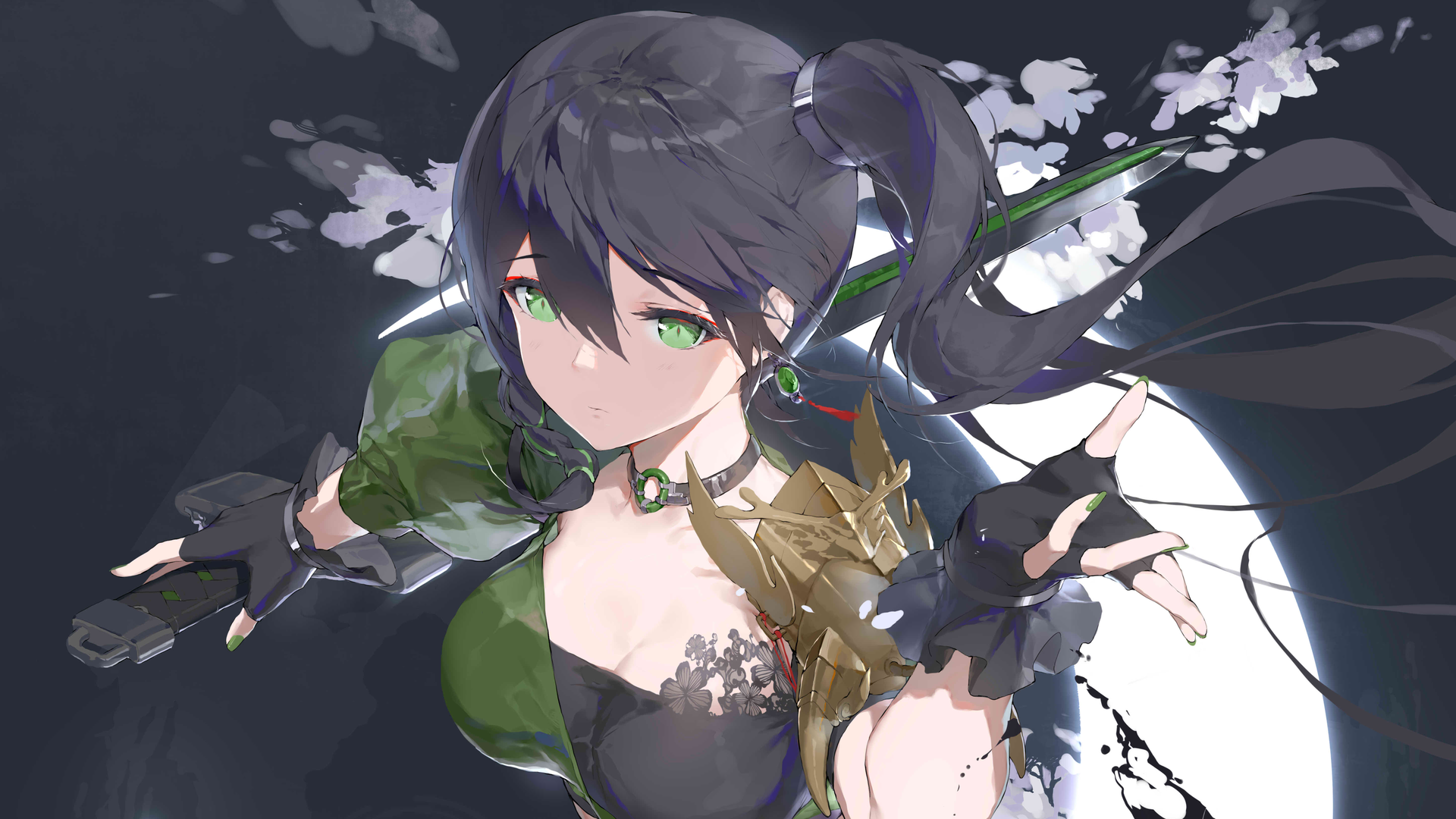 热门绿眼睛 马尾辫 长发 彩绘 指甲 动漫 动漫女孩 剑 花瓣 手套 电脑 高清壁纸 3840×2160