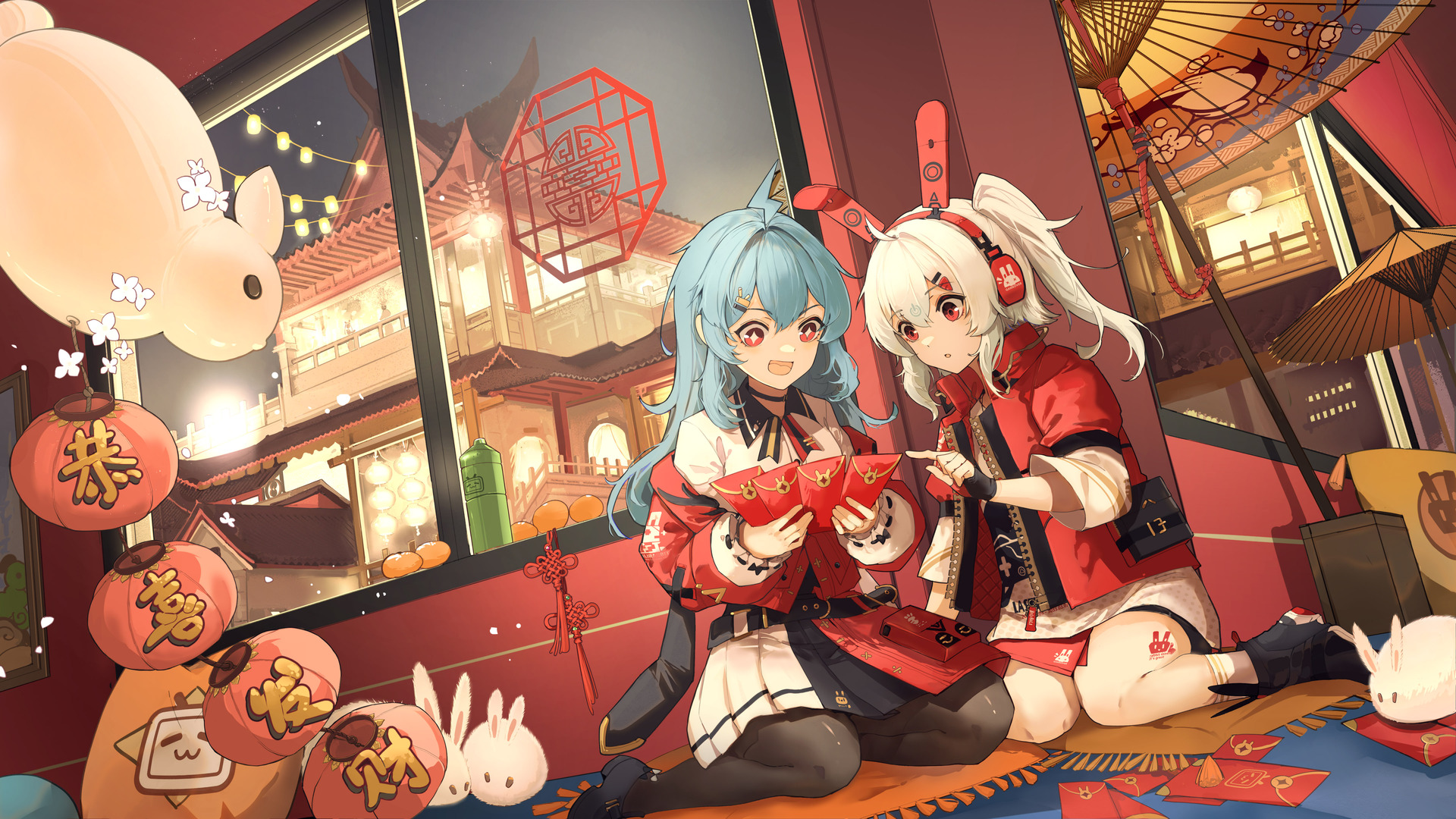 热门女孩 兔子耳朵 新年 红包 兔子 剪纸 中国新年 福贴 动漫女孩 星眼 耳机 电脑 高清壁纸 5760×3240