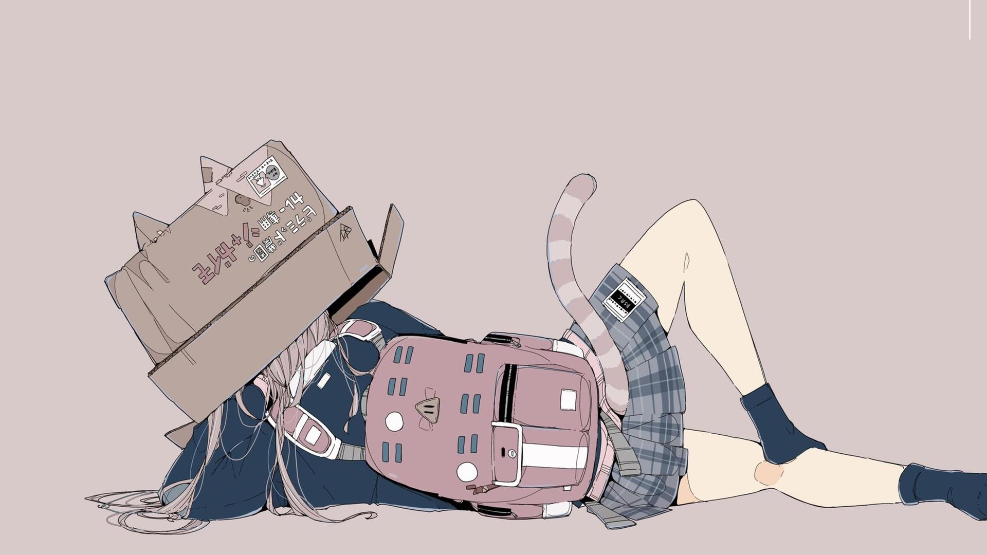 人物 侧卧 猫女孩 动漫女孩 极简主义 背包 简单背景 猫耳朵 猫尾巴 电脑 壁纸 3840×2160