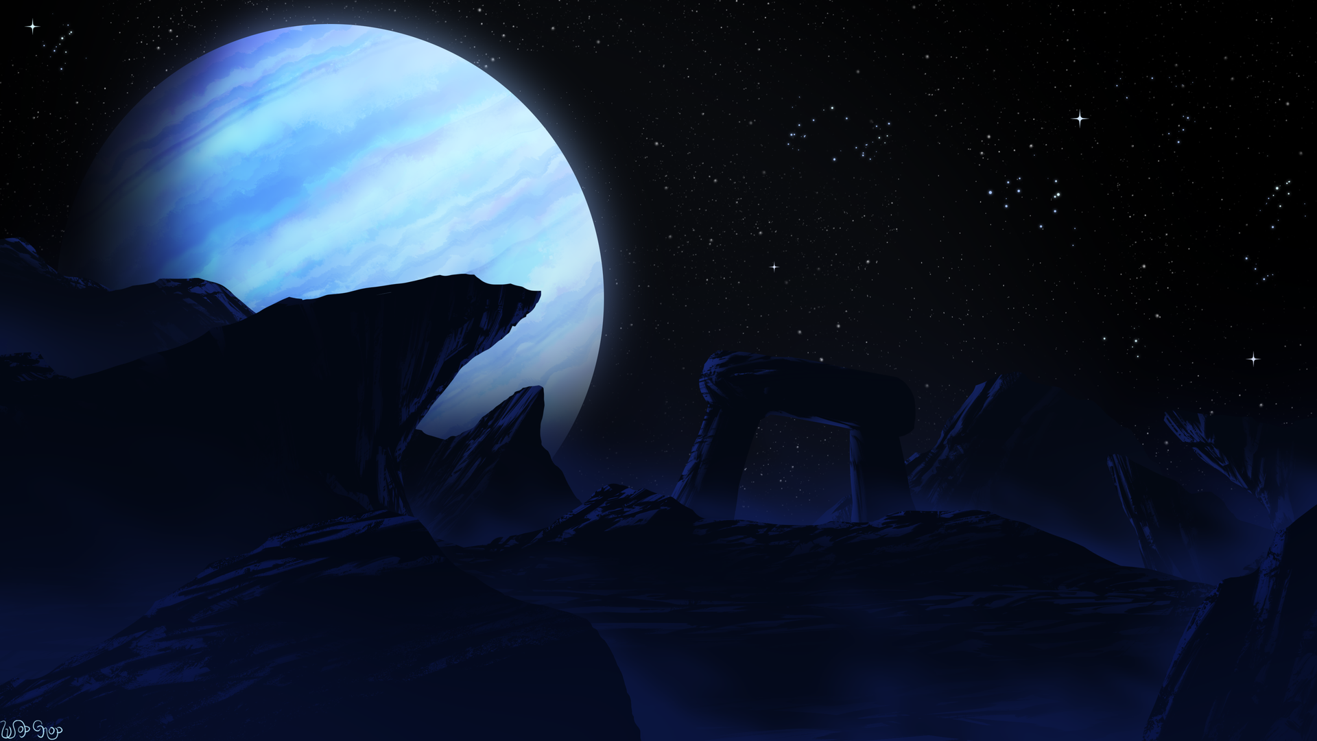 AI艺术 插图 风景 自然 黑暗 夜晚 行星 星星 岩层 环境 天空 电脑 4K高清壁纸 3840×2160