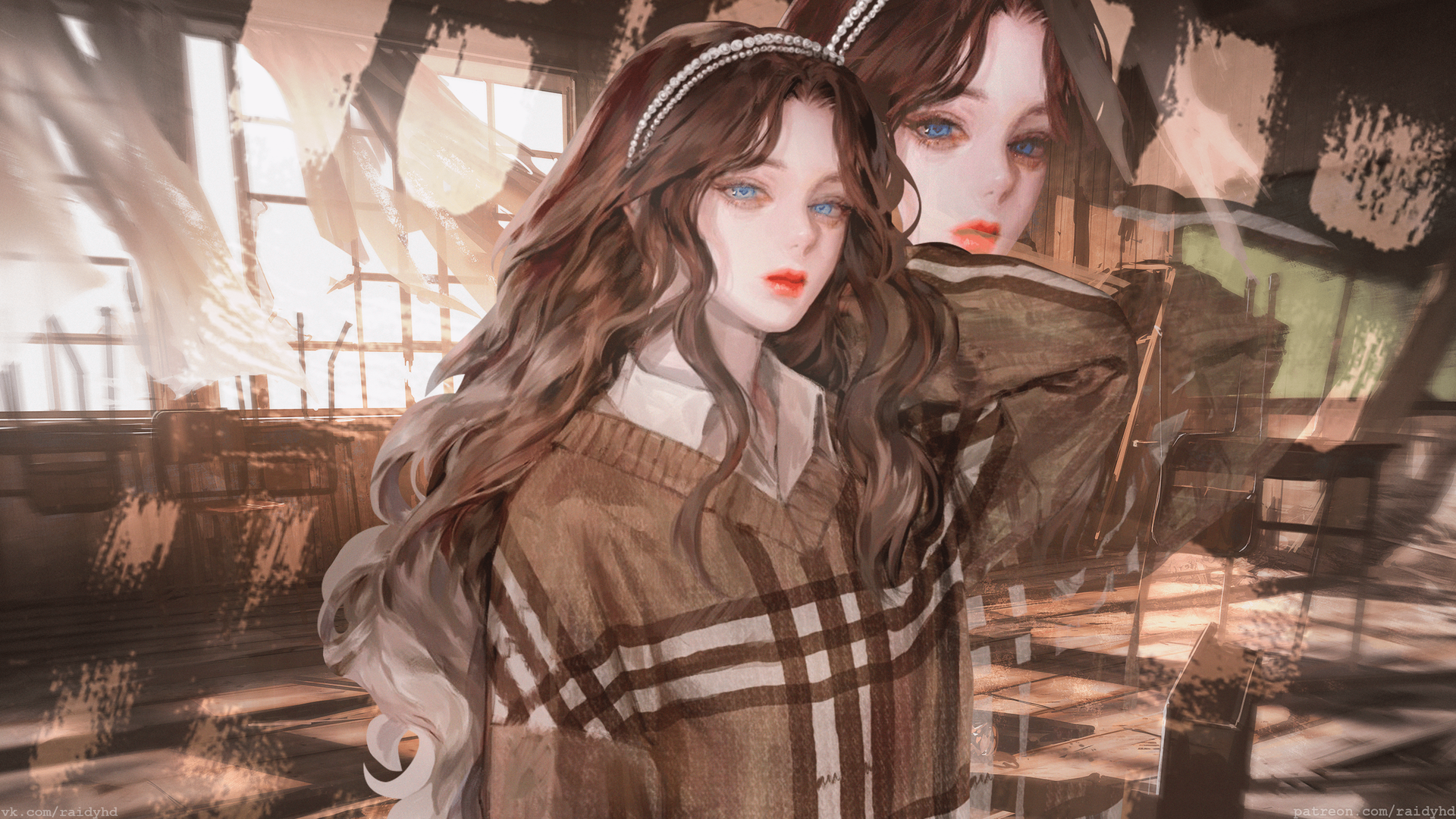 热门黑发 蓝眼睛 长发 室内 女人 动漫 动漫女孩 红色口红 绘画 艺术 电脑 高清壁纸 3840×2160