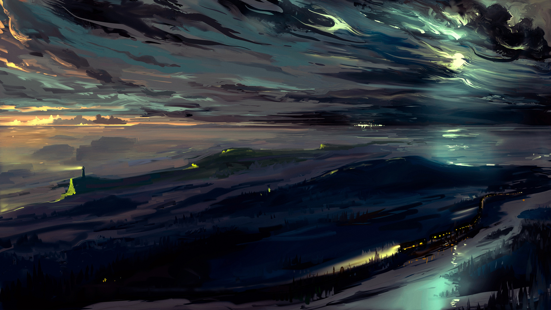 绚丽云 灯塔 火车 海 森林 日出 绘画 电脑 无水印壁纸 3840×2160