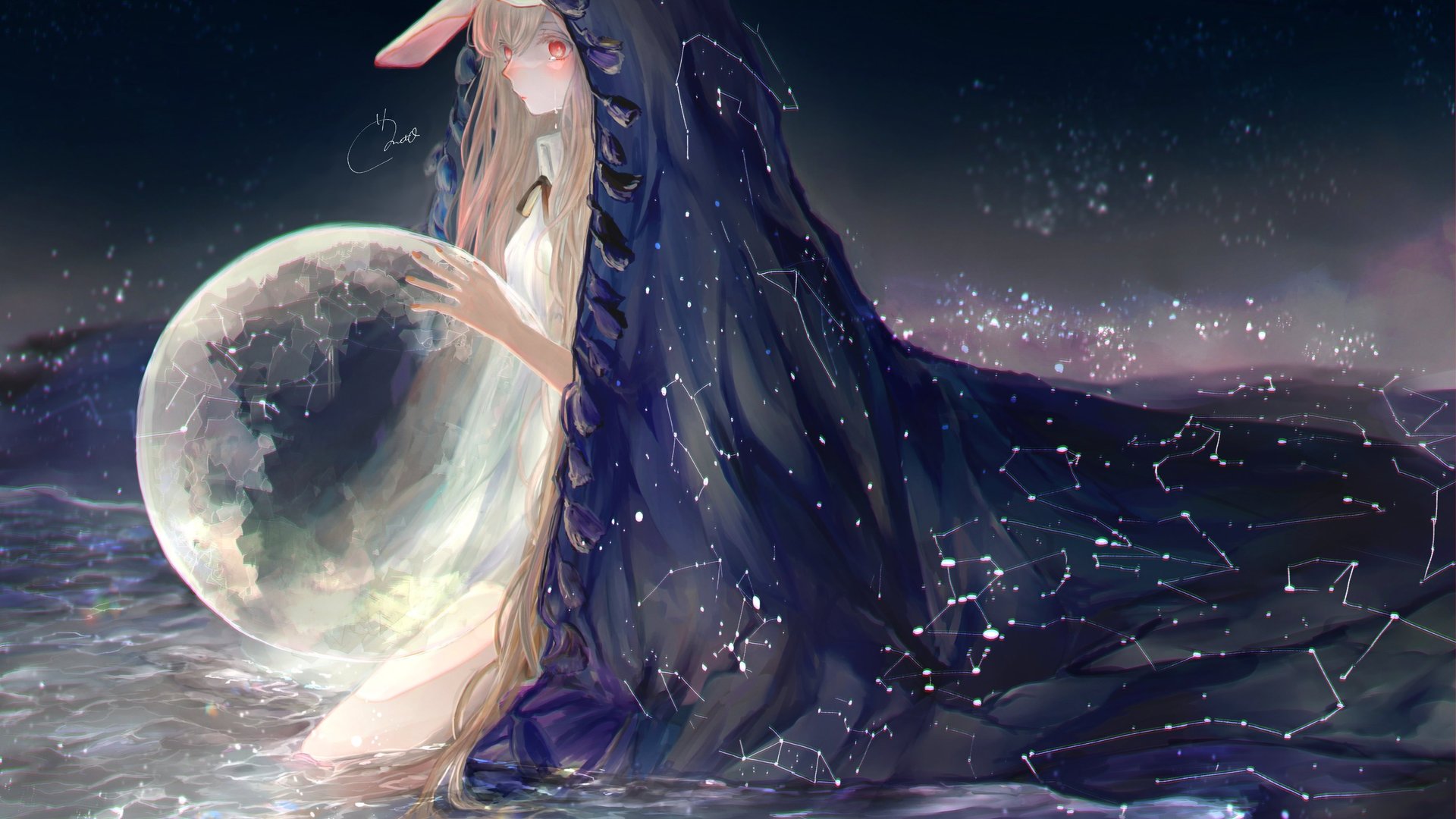 热门金发 长发 红色眼睛 动漫 动漫女孩 行星 兔耳朵 水中 太空 星星 斗篷 奇幻艺术 电脑 高清壁纸 4096×3005
