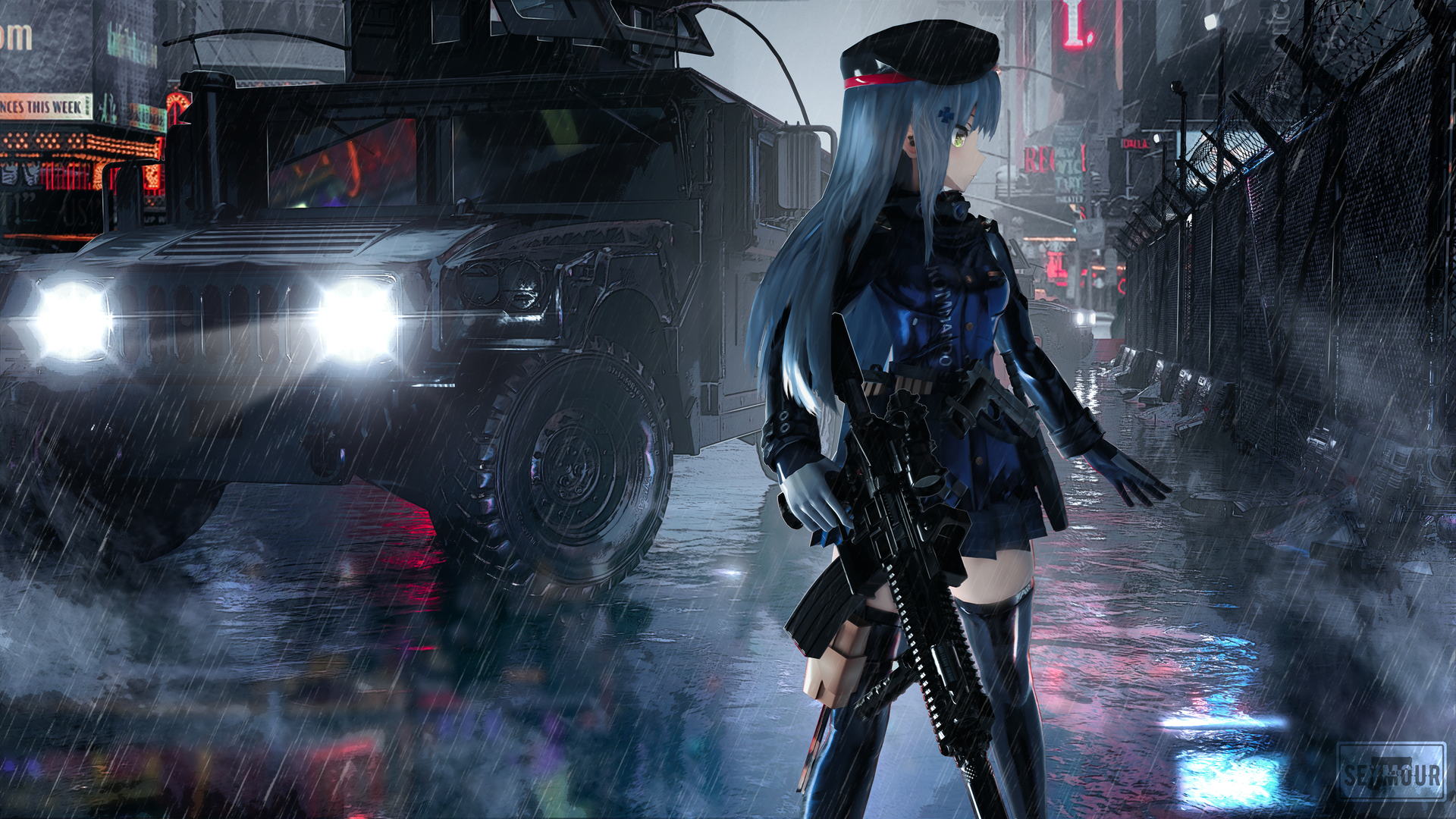 超清少女前线 西摩 动漫 动漫女孩 雨 汽车 突击步枪 电脑 壁纸 5000×2812