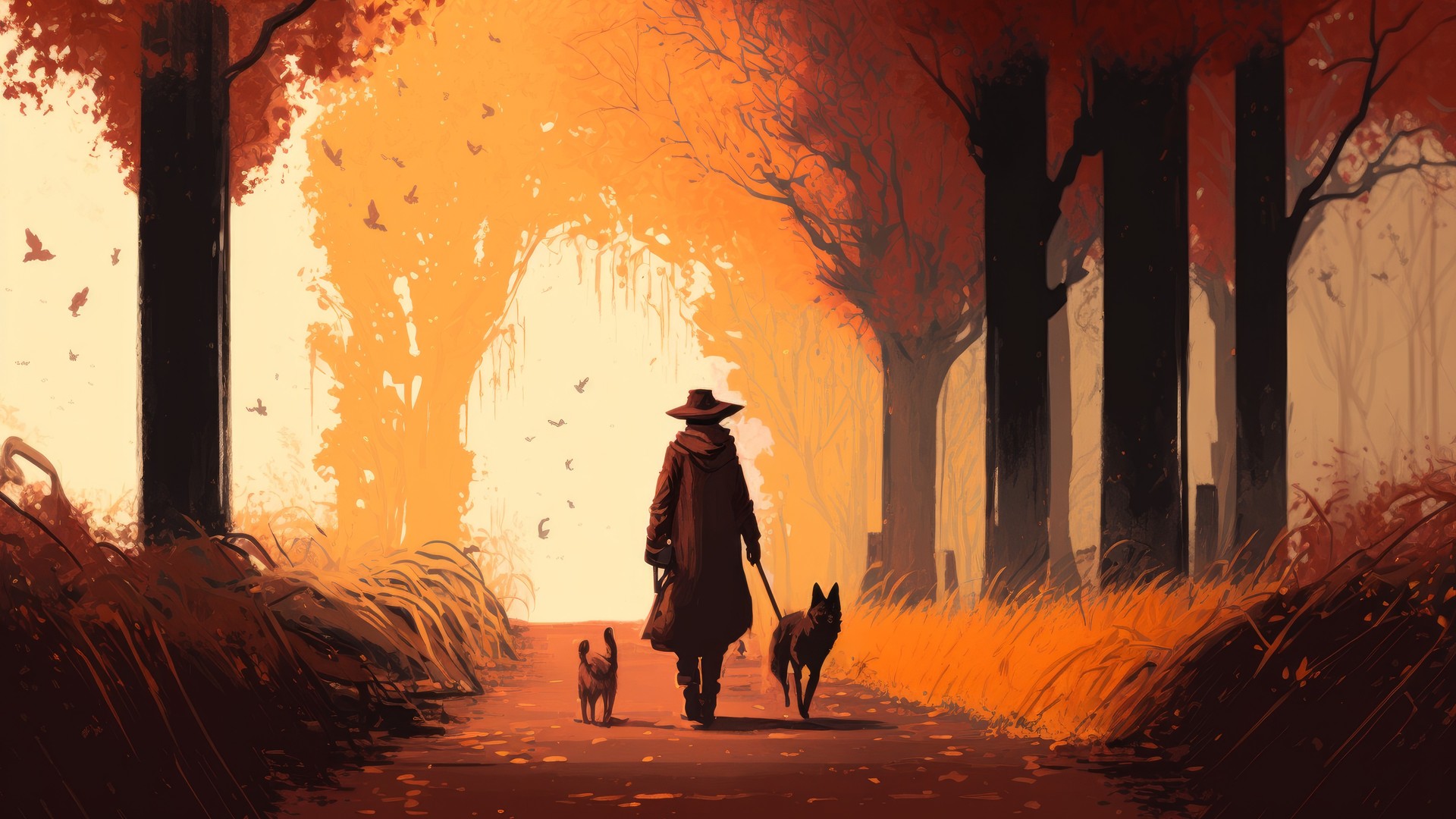 高清艺术 橙色 插图 狗 秋天 路径 动物 树木 桌面壁纸 4579×2616