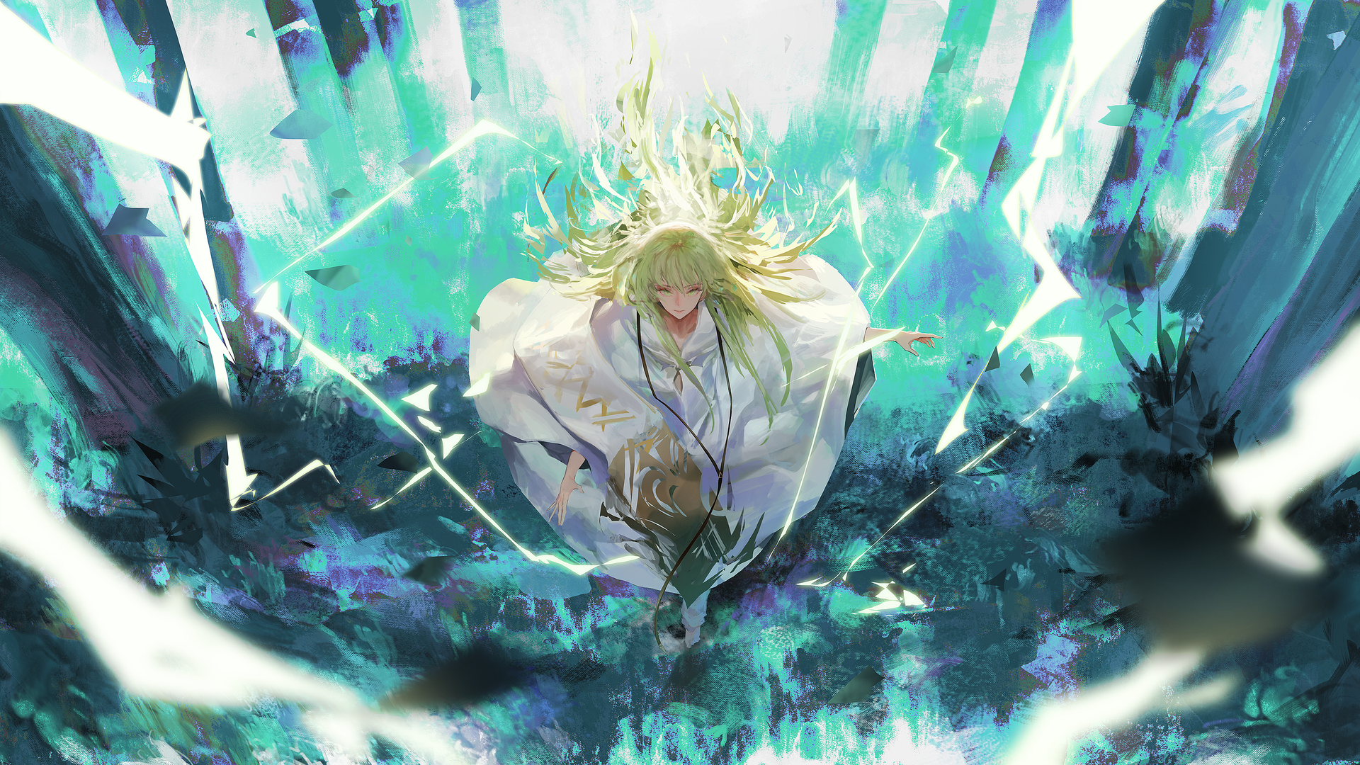 绿色头发 动漫 白色服装 安度都 青色 高清壁纸 3840×2160
