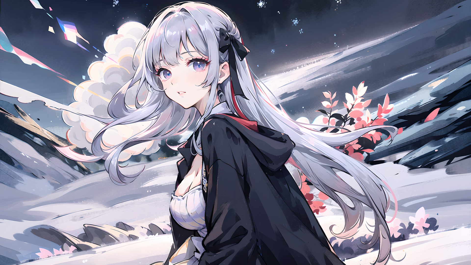 绚丽长发 艺术 银发 动漫女孩 雪 花瓣 紫色 眼睛 山 4K壁纸 3840×2400