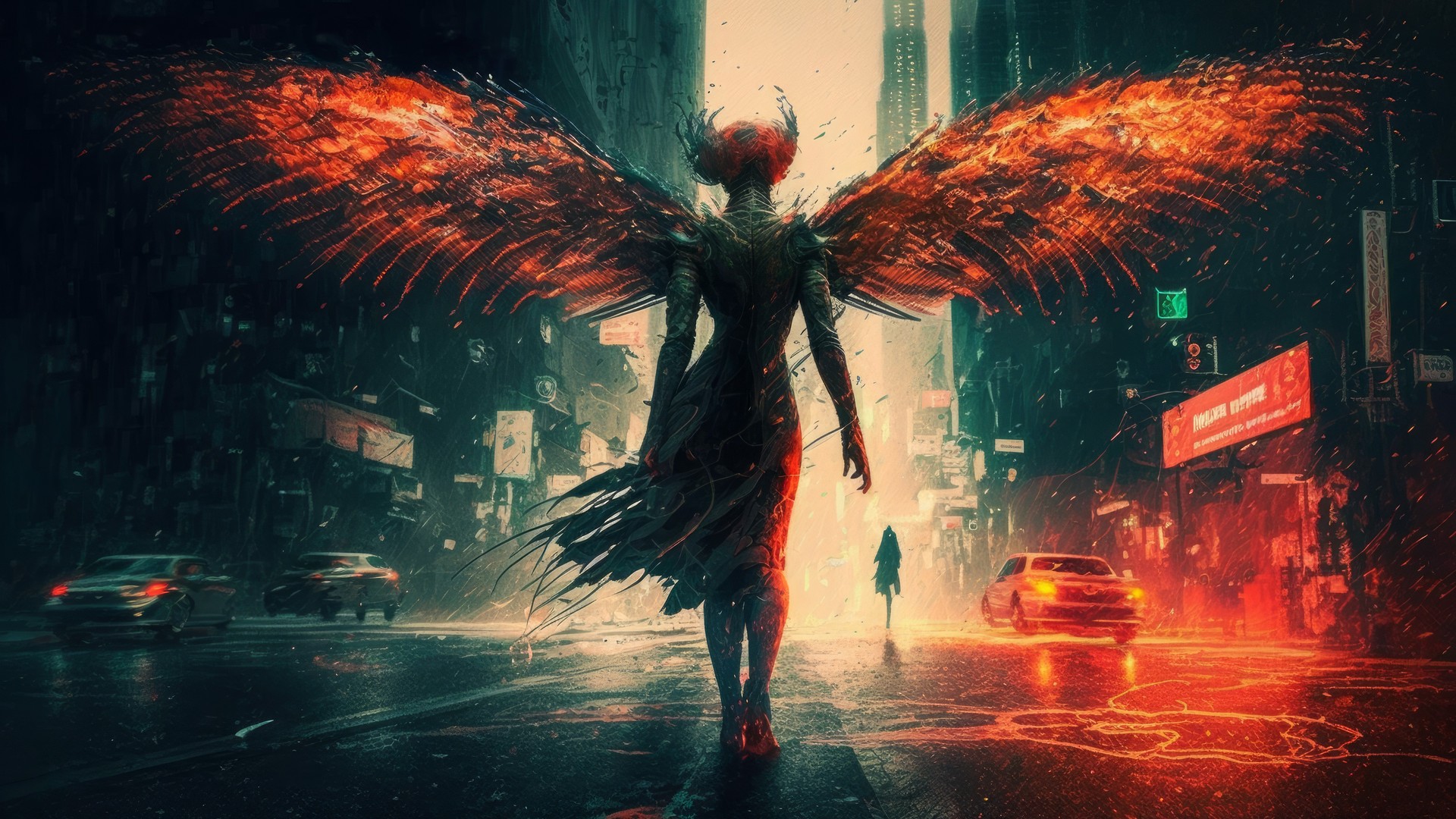热门艺术 插图 天使 恶魔 翅膀 街道 城市 火 前灯 高清壁纸 4579×2616