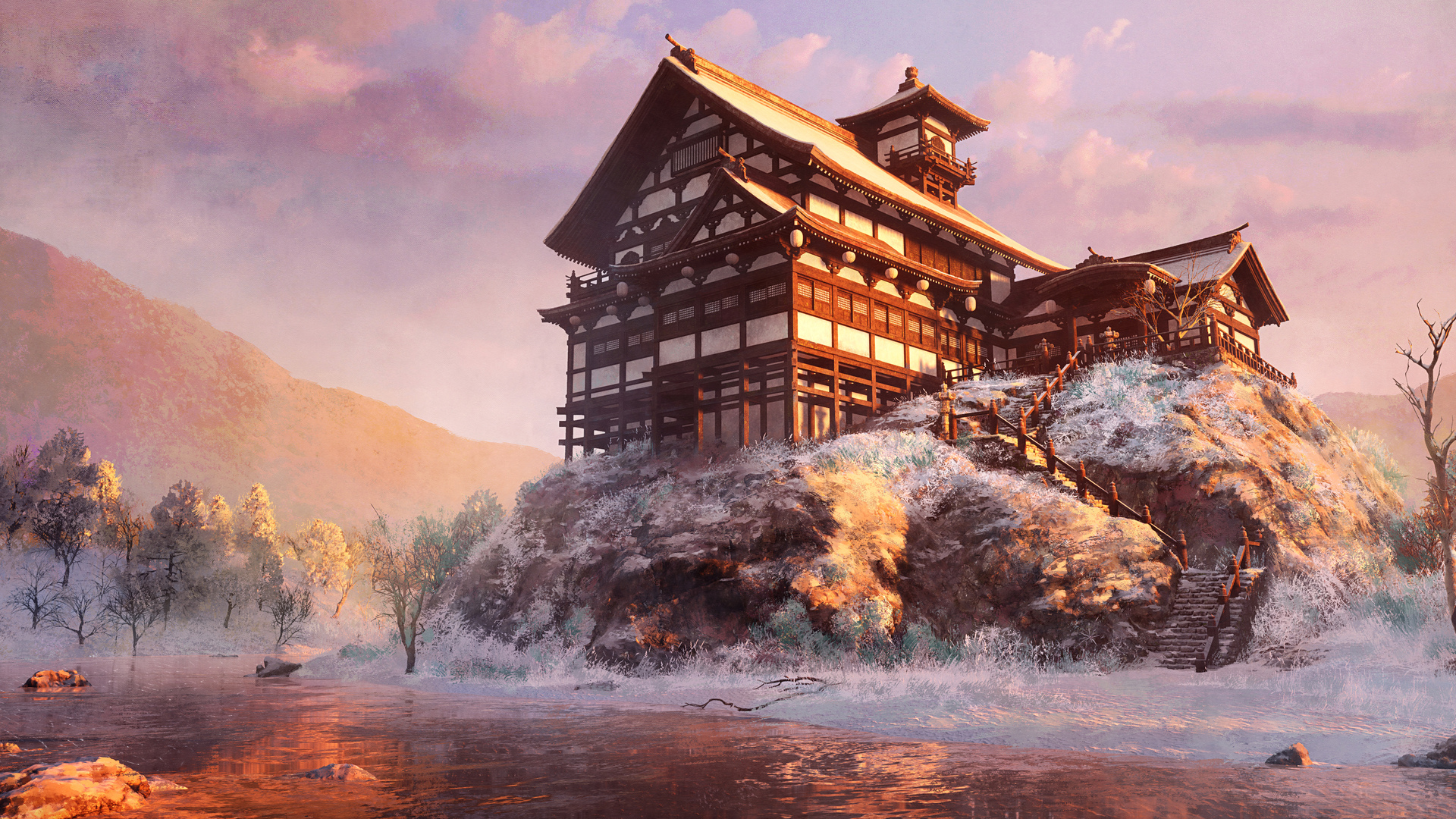 AI艺术 数字绘画 建筑 日落 森林 雪 河流 壁纸 6000×3000