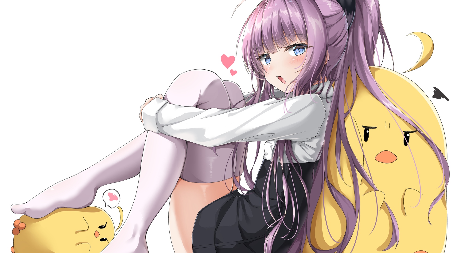 紫色的头发 长发 蓝眼睛 马尾辫 抱膝 动漫女孩 壁纸 6100×4110